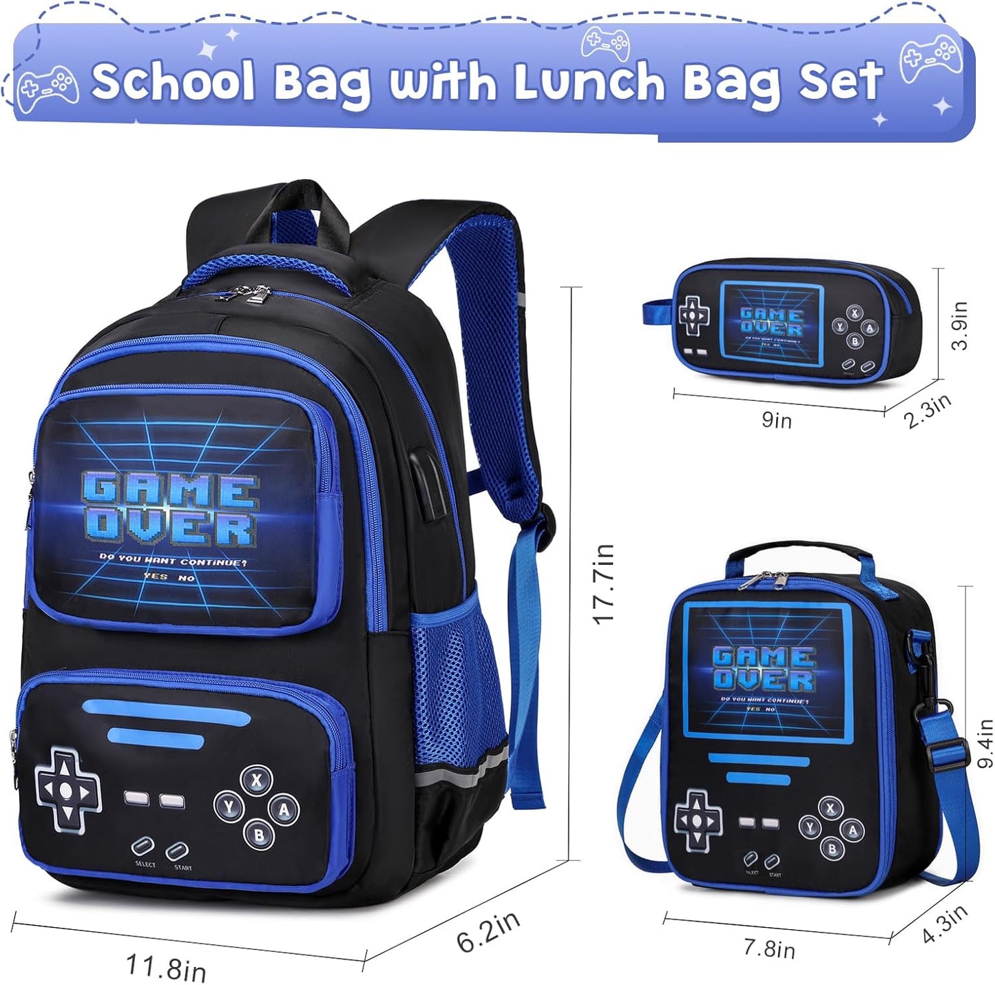 Gamer Backpack for Boys - Cool Luminous School Backpack for Boys with Lunch Bag Pencil Case - Kids Elementary Middle School Book Bags for Teen with USB Charging Port (Black