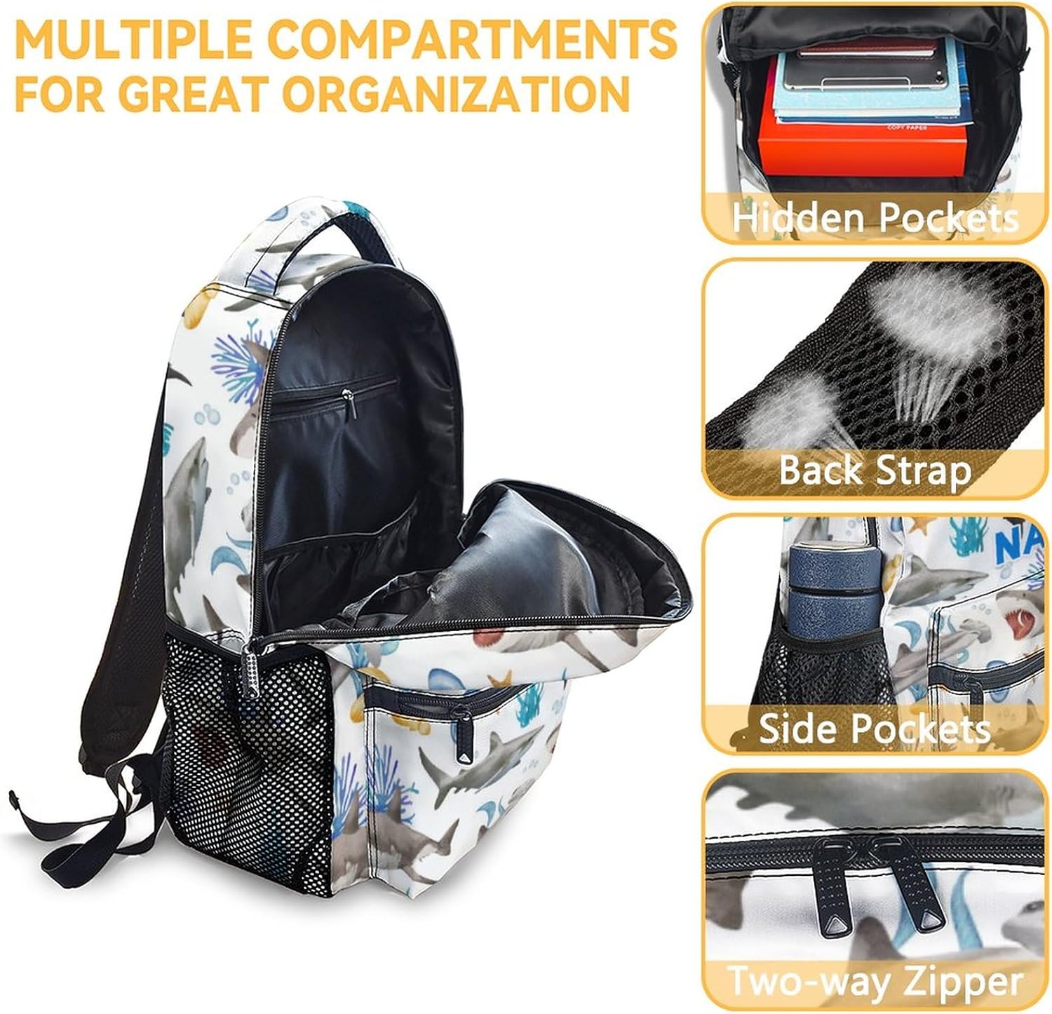 Custom Shark Backpacks for Boys, Large Capacity Backpack for School, Cute White Lightweight Bookbag