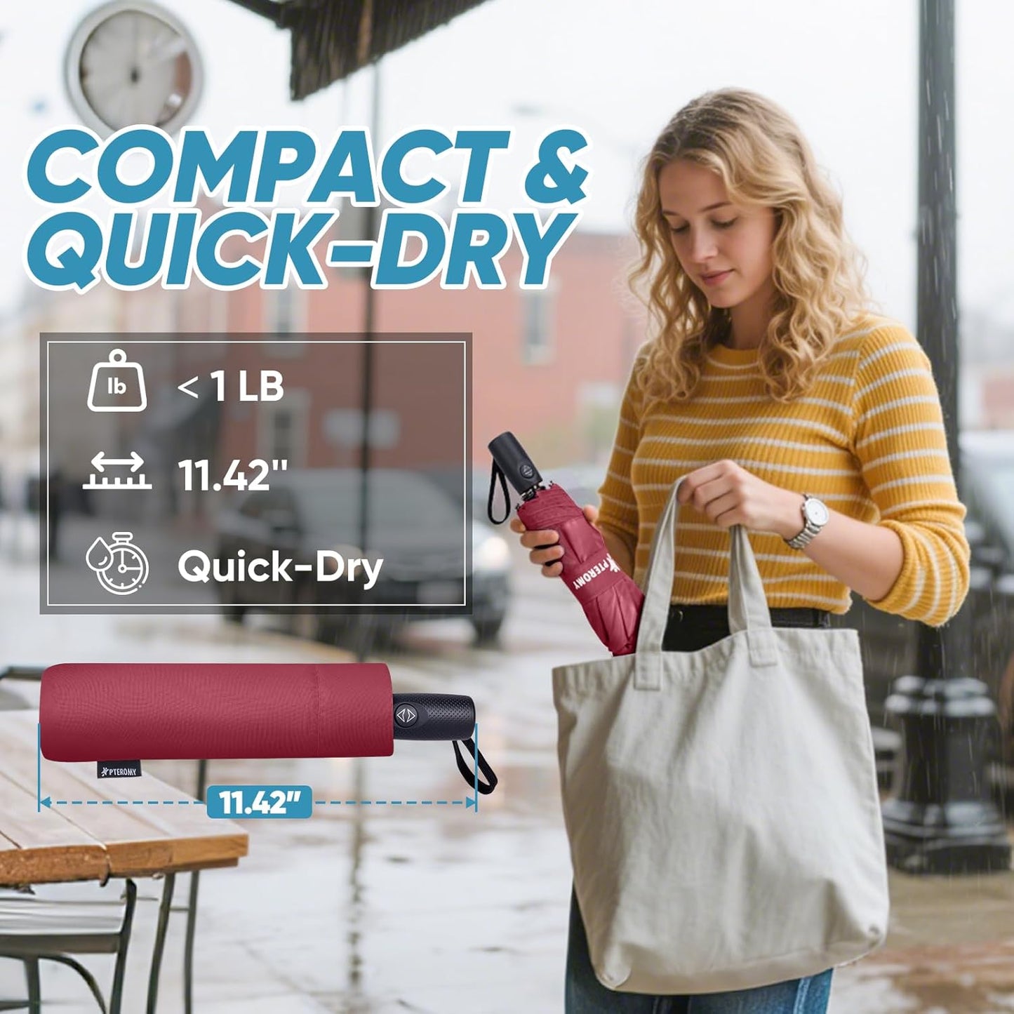 PTEROMY Windproof Compact Travel Umbrellas for Rain and Sun, Withstands 85MPH Winds Auto Open Close Folding Umbrella with Ergonomic Handle, Quick Dry Canopy for Commuting or Backpack