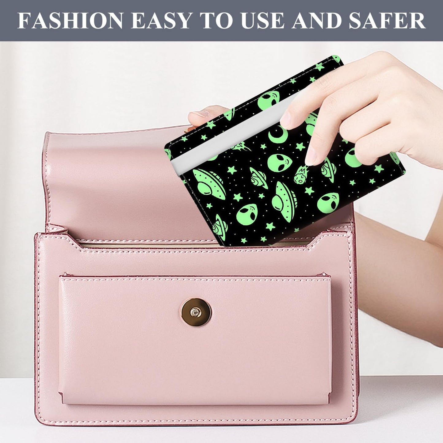 Passport Holder for Travel Essentials, RFID Premium Leather Passport Wallet Cover Case for Travel Must Haves Accessories, Passport Book Holders for Women Men Green Aliens