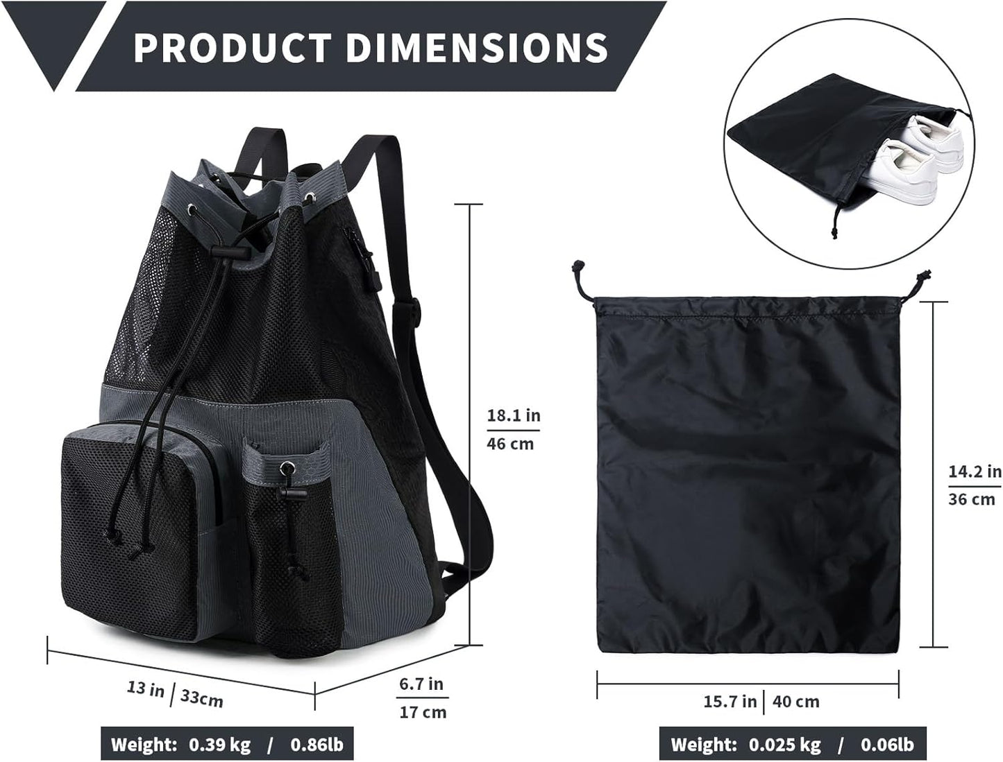 Lohol Large Mesh Drawstring Backpack with Shoe Bag, Durable Swimming String Sack with Handle for Sports Gym Yoga Beach Travel