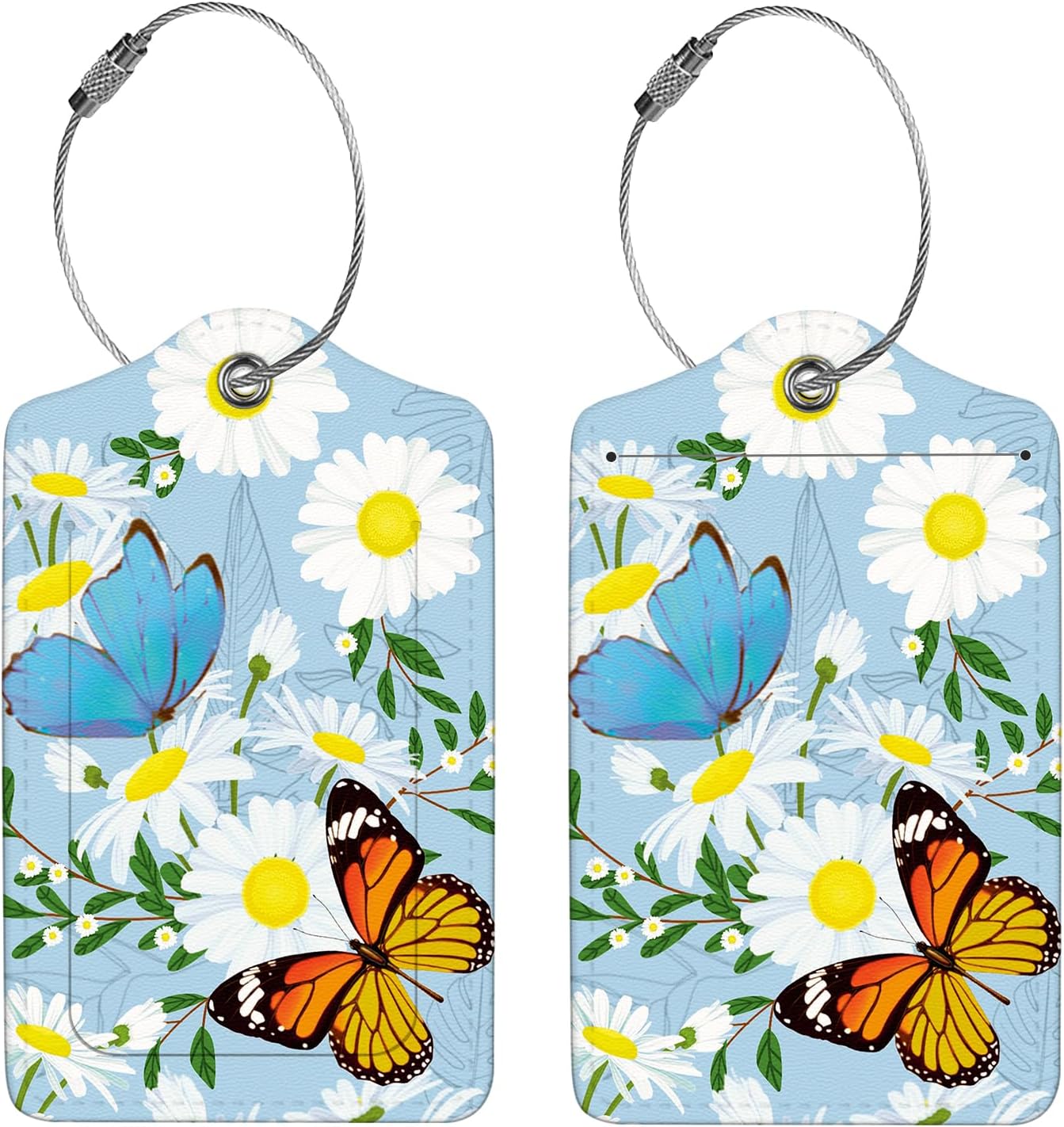 2 Pcs Luggage Tags for Suitcase, Cute Unique PU Leather Travel Bag Tag with Privacy Cover ID Label Address Card and Durable Metal Ring Suitable for Men Women Children Backpack,Butterflies and Flowers