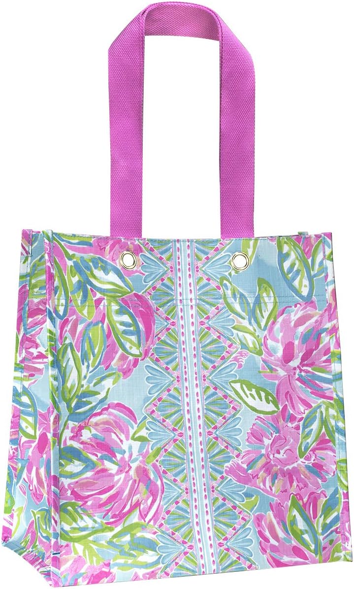 Lilly Pulitzer Pink/Green Market Shopper Bag, Reusable Grocery Tote with Comfortable Shoulder Straps, Totally Blossom