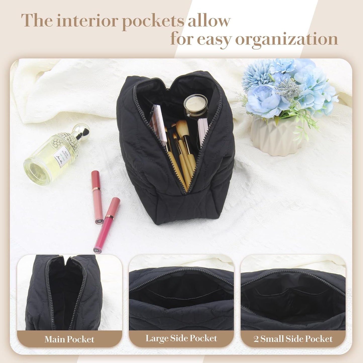 Make up Bag Travel Cosmetic Bag for Women Girls Zipper Puffy Padded Makeup Organizer Waterproof Portable Pouch Purse Lightweight Toiletry Accessories Storage Black