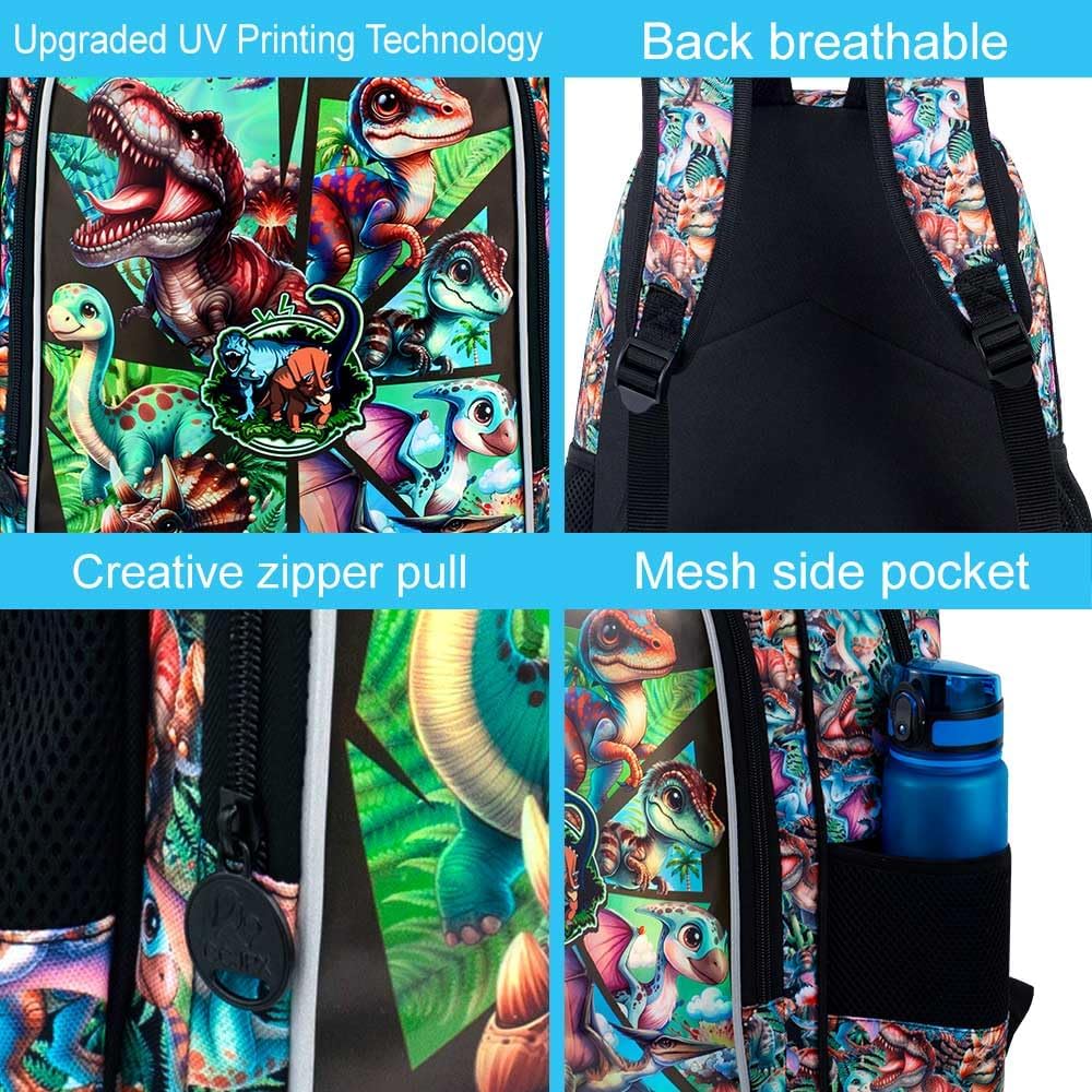 gxtvo 3PCS Kids Dinosaur Backpack, 16" Boys Bookbag with Lunch Box, Water Resistant Elementary Preschool Toddler School Bag
