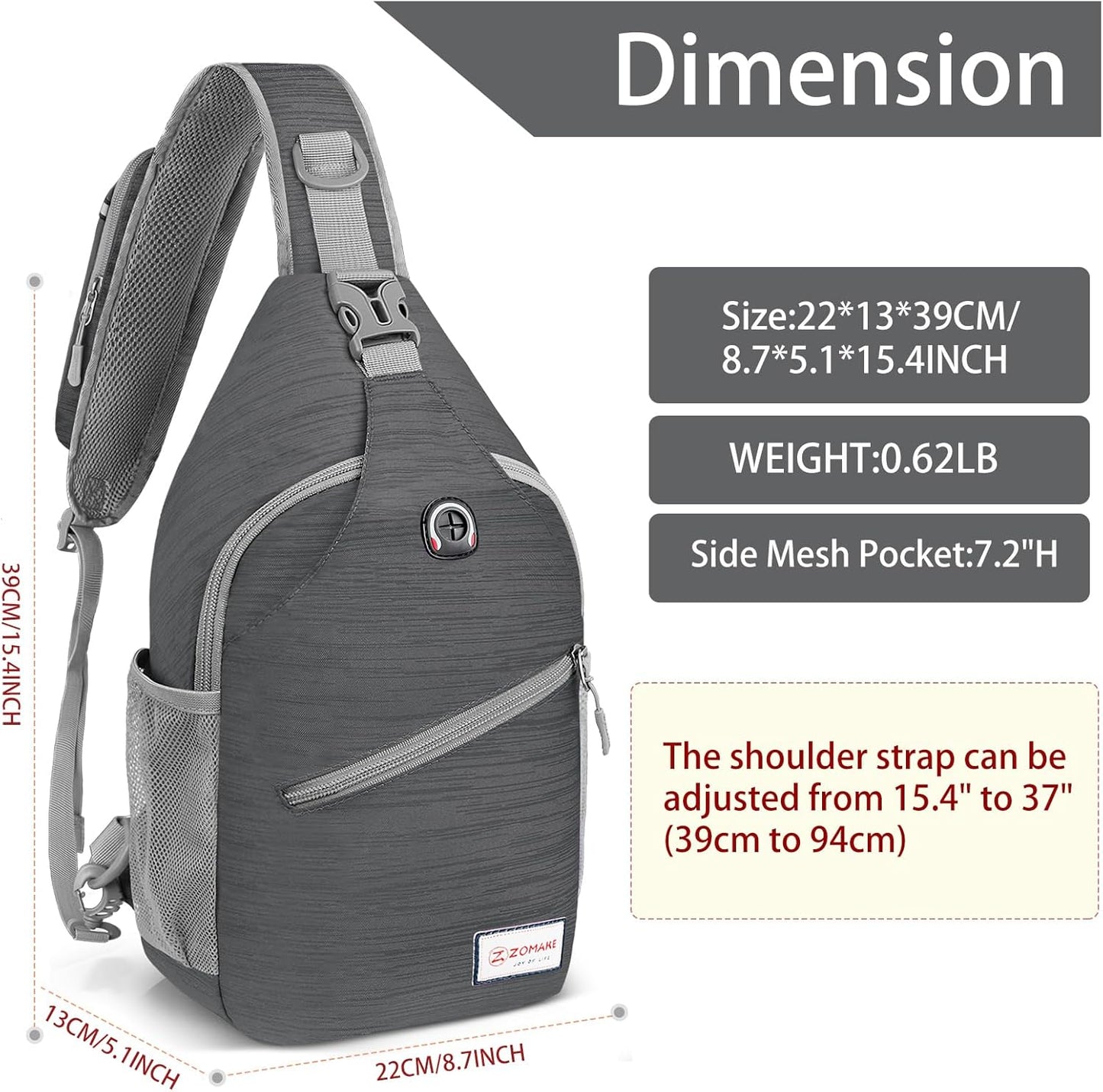 ZOMAKE Sling Bag,Small Crossbody Sling Backpack,Water Resistant Shoulder Daypack for Travel,Anti