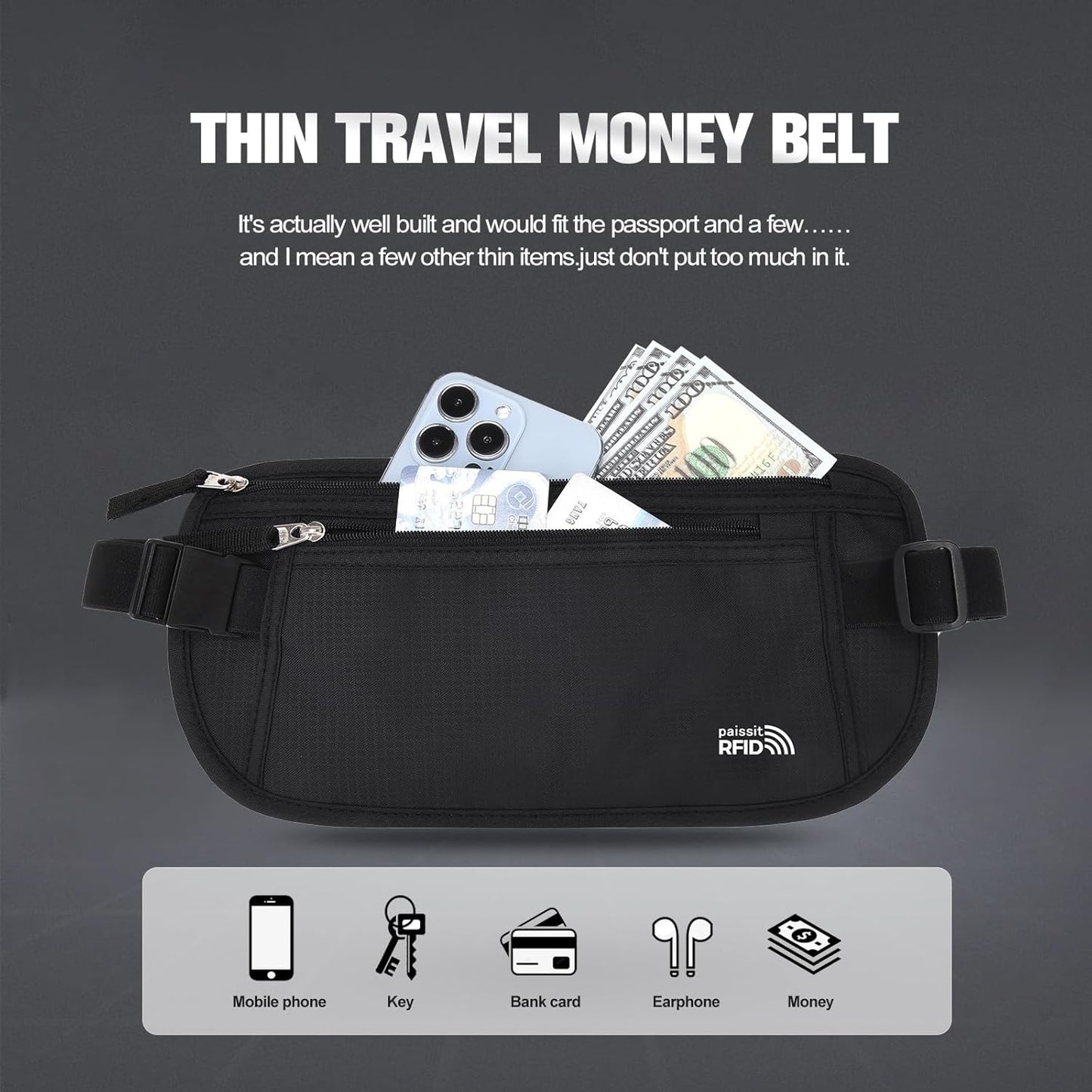 Unisex Money Belt with RFID Blocking Sleeves, Slim Passport Holder RFID Blocking Travel Essentials, Waist Pouch to Protect Cash, Black & 6 Sleeves