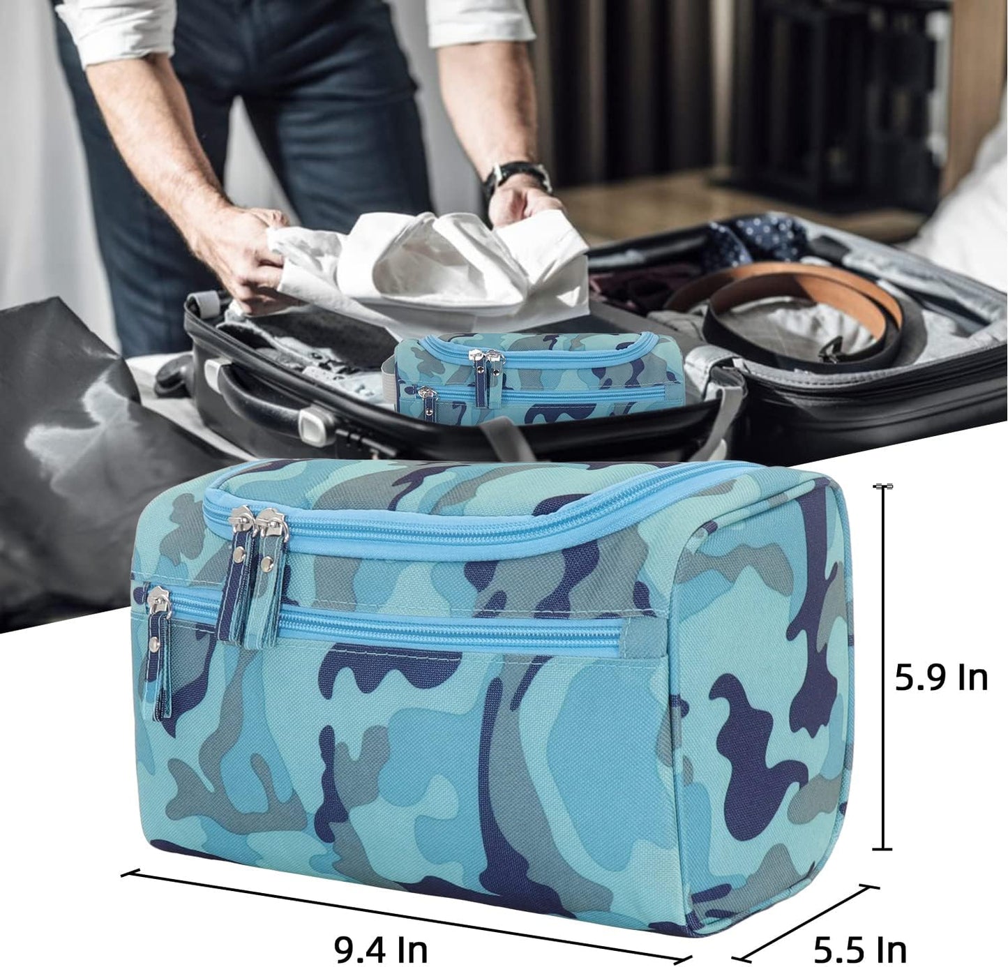 Buruis Travel Toiletry Bag for Men and Women, Hanging Cosmetics Makeup Bags, Water-resistant Dopp Kit Shaving Bags, Small Toiletry Bag for Travel Essentials (Camo Light Blue)