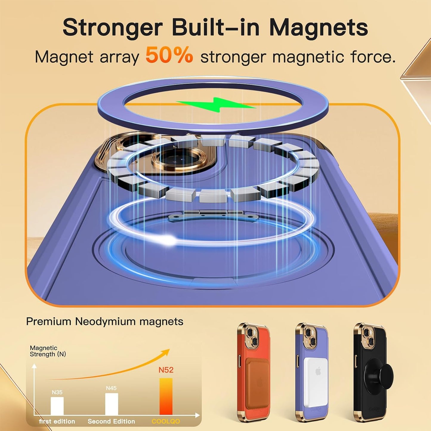 COOLQO for iPhone 15 Case 6.1'' Upgraded 360° Spin Magnetic Stand [Compatible with Magsafe][Military Protection] Plating Matte Scratch-Resistant Back Protective Shockproof Phone Case, Purple Gold