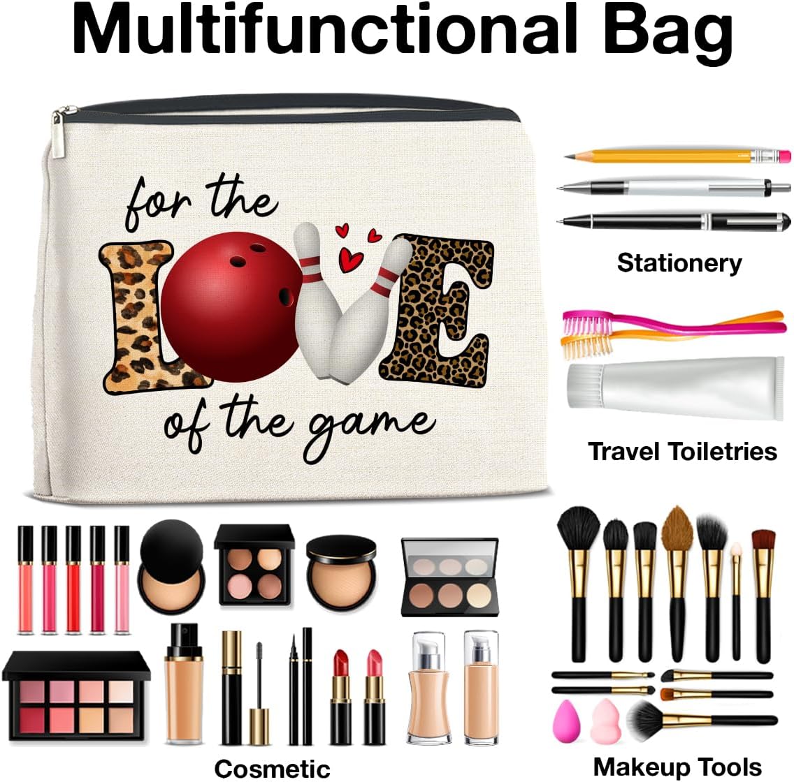 Bowling Gifts Makeup Bag Bowling Team Gifts for Women Coach Cosmetic Bag Bowling Zipper Makeup Pouch Gift, polychrome
