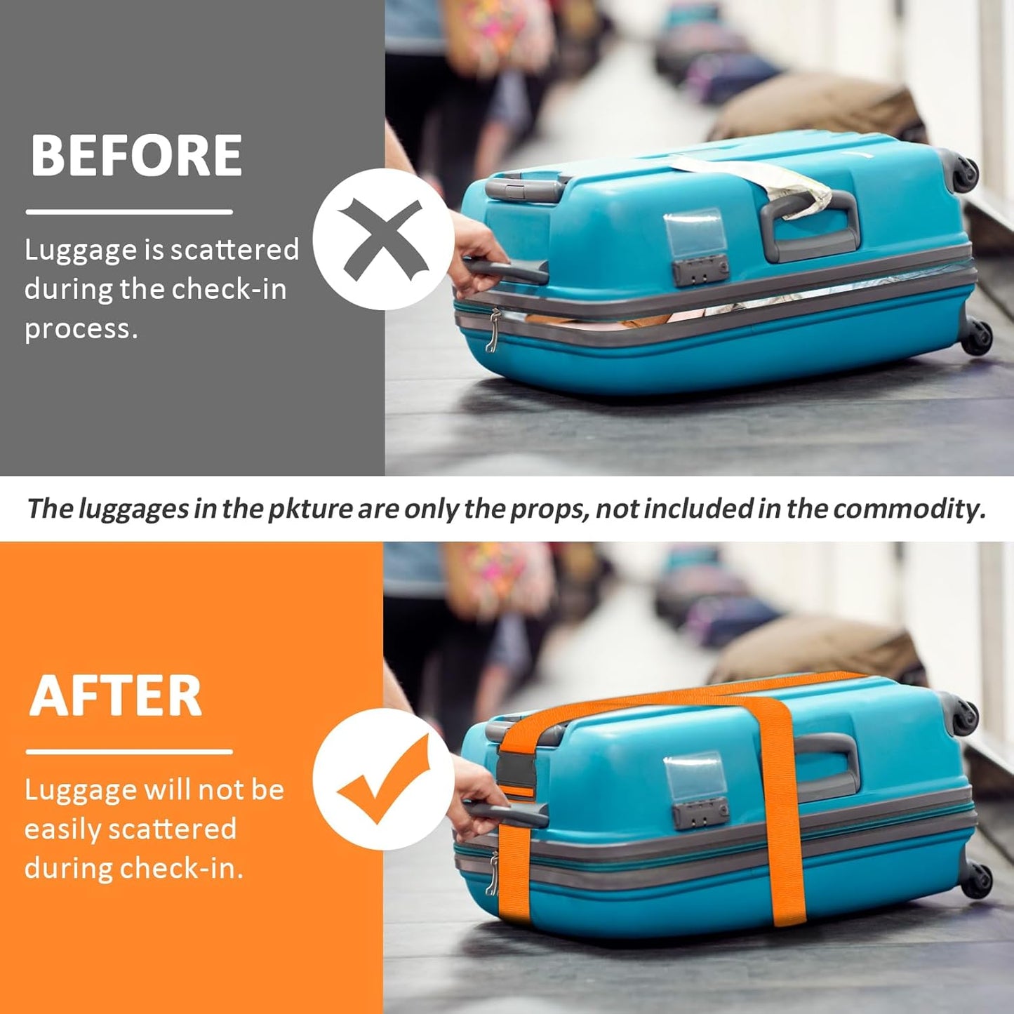 vivinin 4 Pack Luggage Straps, Luggage Belt with Buckle Closure, Adjustable Luggage Belt for Travel Bag Closure, Luggage Security (Orange)