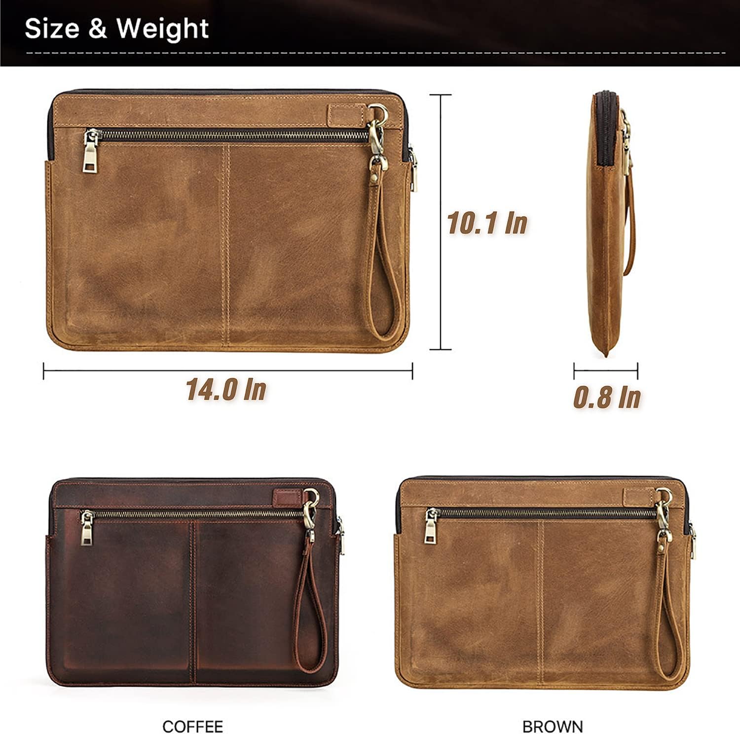 Top Grain Leather 14.2" Slim Laptop Sleeve Case Bag, Vintage Design with 2 Zip Pockets, Handmade