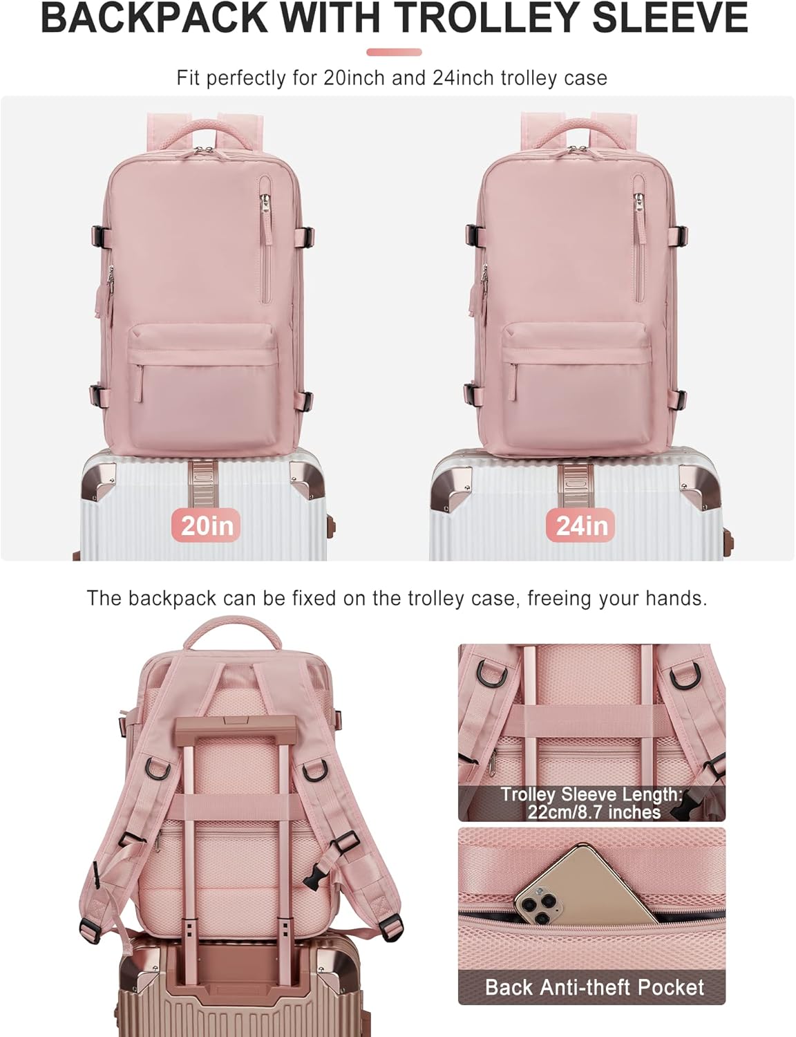 VGCUB Large Travel Backpack Bag for Women Men,Carry on Backpack,17 Inch Laptop Business Work Waterproof Backpack with Laptop Compartment,Person Item Flight Approved,Mochila de Viaje,Pink Large