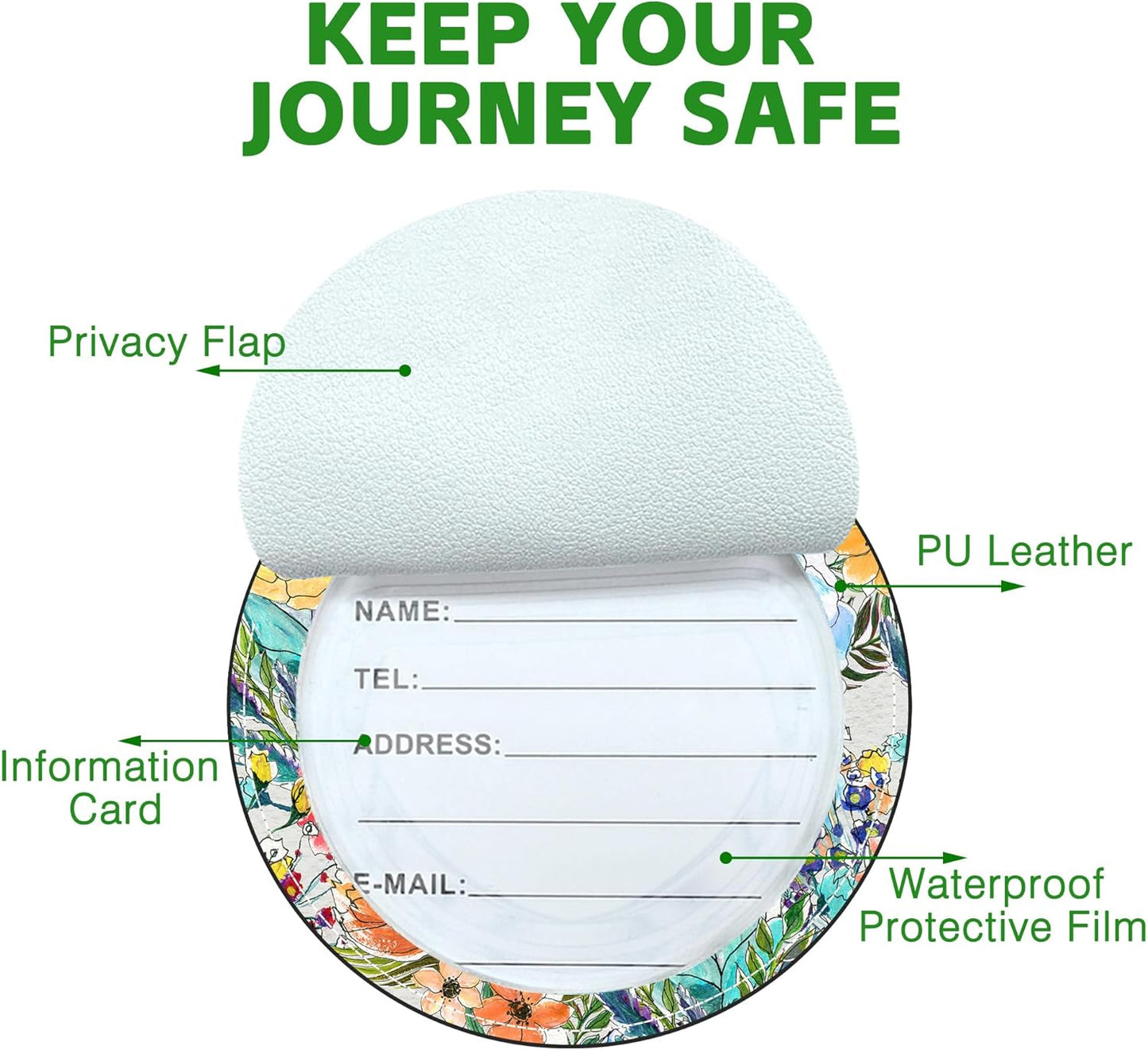 Round Cute Luggage Tags 2 Pack Colorful Flowers Creative Baggage Tags,Cruise Travel Baggage Suitcases Tag with Stainless Steel Loop ID Tag Privacy Flap