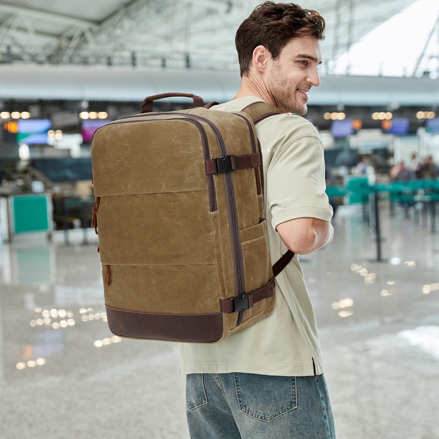 Travel Backpack for Men Carry On Backpack Flight Approved Personal Item Backpack, 18.4 inch Laptop Backpack Casual Daypack Weekender Business Hiking Backpack, Brown