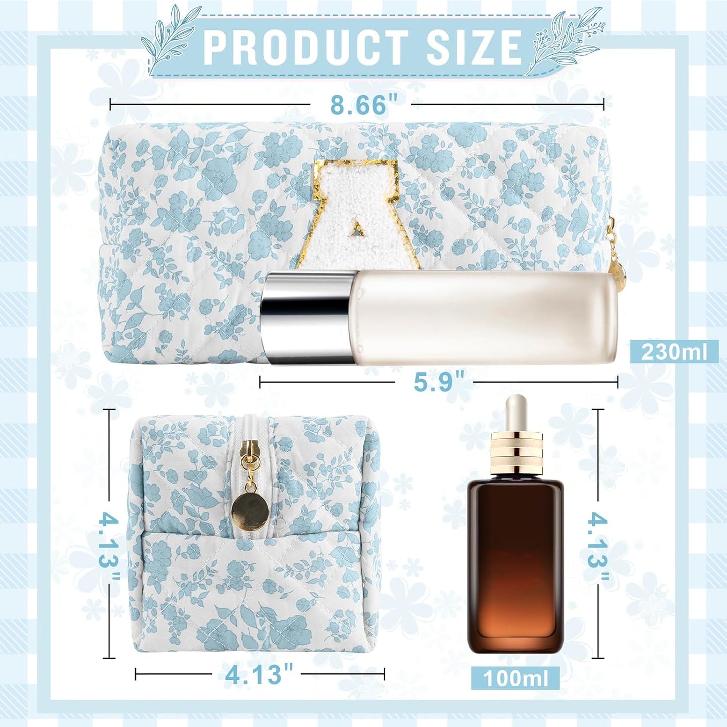 Personalized Quilted Cosmetic Bag, Puffy Monogrammed Christmas Birthday Gifts for Women & Girls, Cute initial Floral Makeup Bag Puffer Coquette Bag, Aesthetic Travel Toiletry Zipper Pouch(Blue,A)