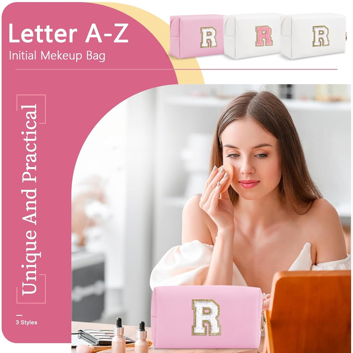 Personalized Initial A-Z Preppy Patch Makeup Bag,Small PU Chenille Letter Cosmetic Bag with Zipper