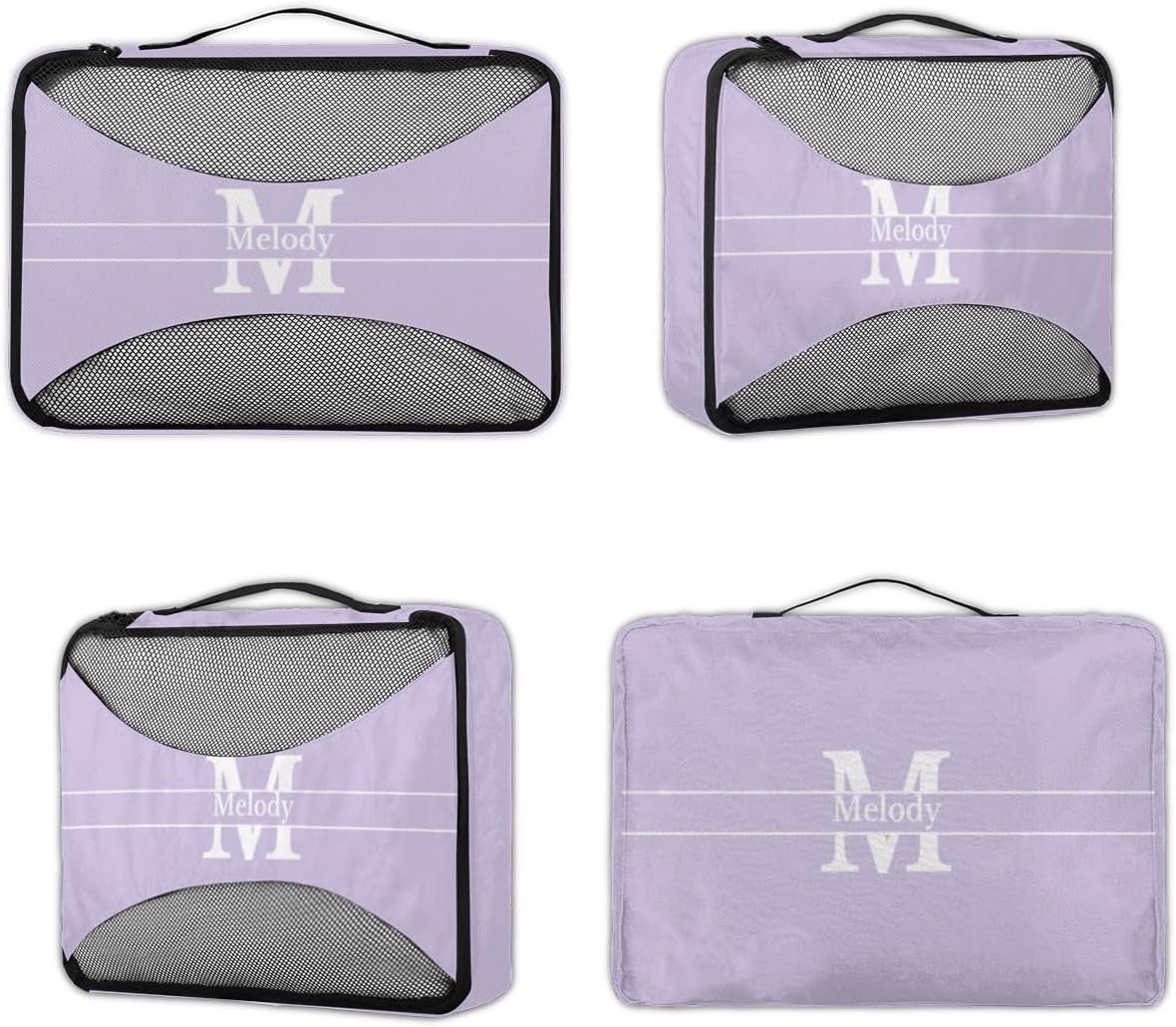Custom Packing Cubes with Name - 4 Piece Light Purple Packing Cubes Compression Luggage Suitcase Organizer Set with Initial Letter