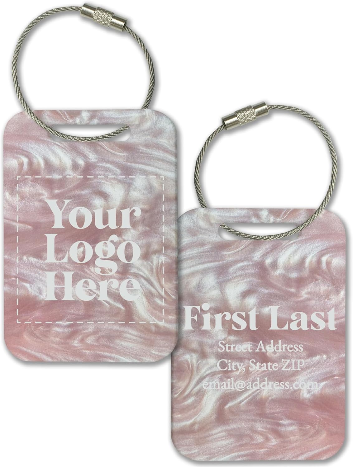 Personalized Logo Name Tag for Luggage (3 or 6 Count Pack) | Custom Tag for Suitcase | Acrylic Name Tag for Travel | Choose Your Font & Color | Backpack ID Label (Logo, Pink Marble)