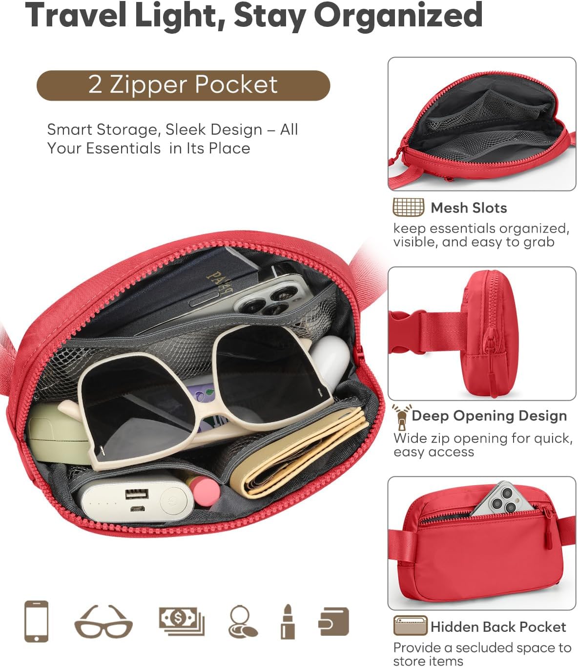 Fanny Packs for Women Cross Body Bag Waterproof Belt Bag with Adjustable Strap and Zipper Back Pocket Small Crossbody Bags Fashion Waist Packs for Workout Travelling(Coral Red)