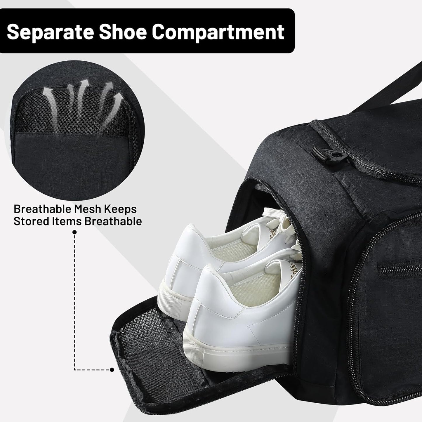MIER Foldable Duffle Bag with Shoe Compartment 50L Travel Duffel Bags for Men Women Packable Overnight Bag for Camping Gym Weekender, Black