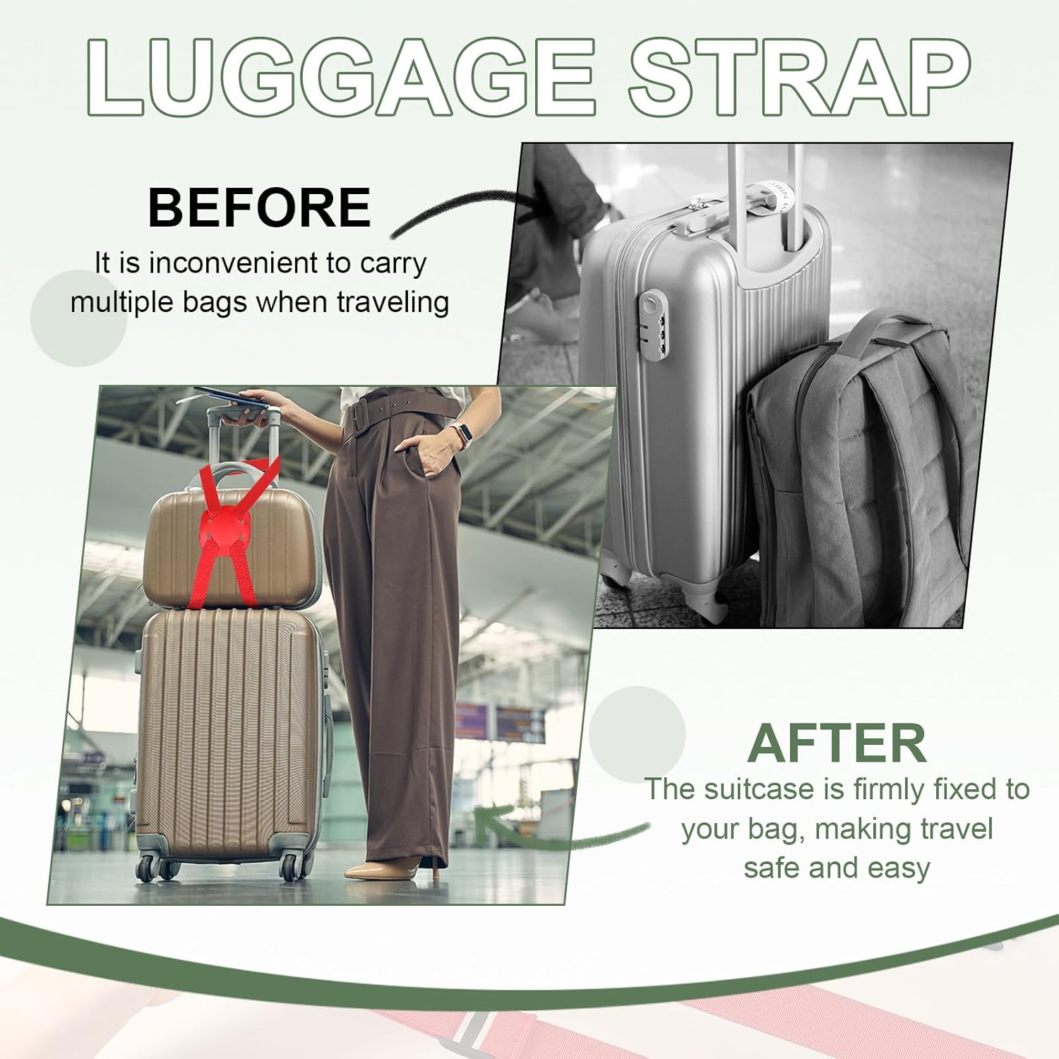 Adjustable Luggage Straps, Suitcase Elastic Strap Bag Bungee with Buckles Travel Accessories