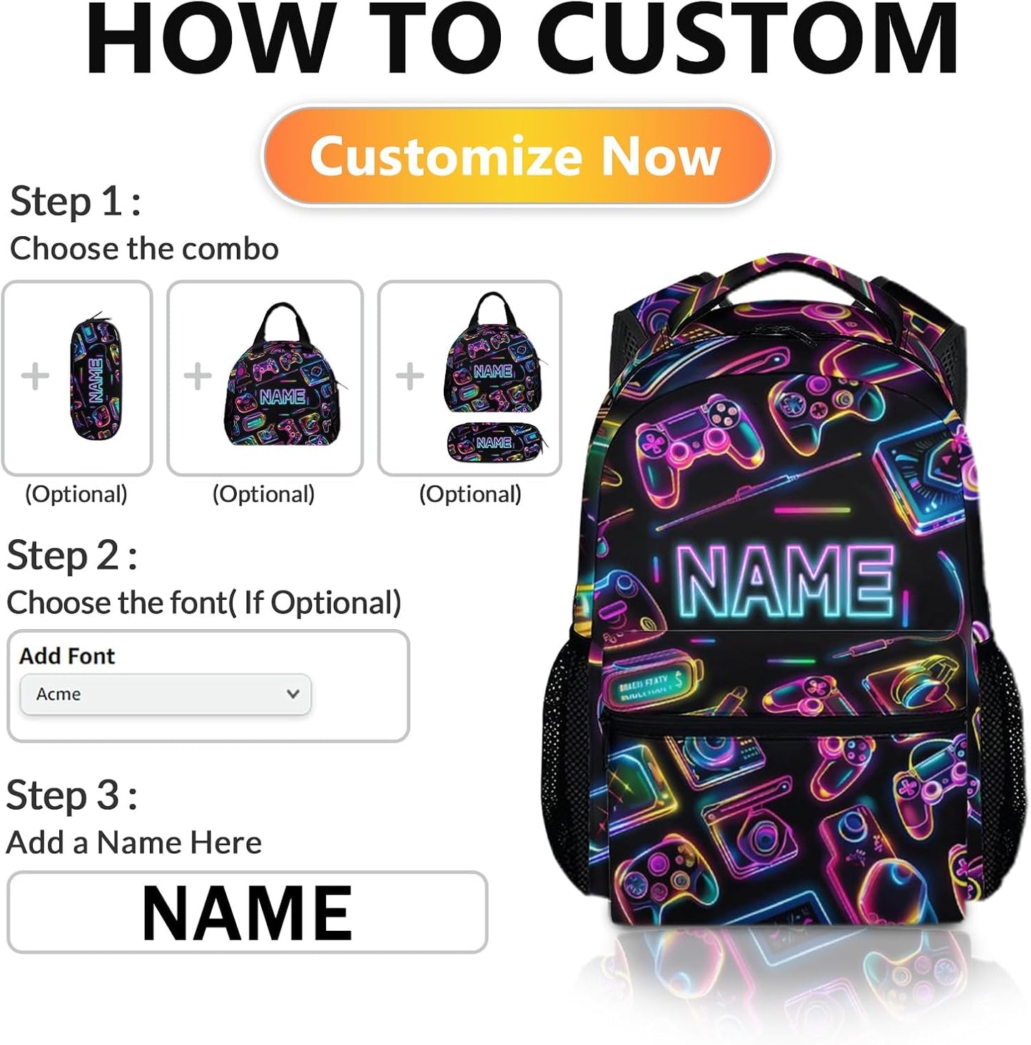 School Backpacks for Boys Girls, 17" Game Backpack for Kids Students, Custom Name Large Capacity Gaming Bookbag for Kindergarten Primary, Personalized School Supplies for Travel Hiking Camping