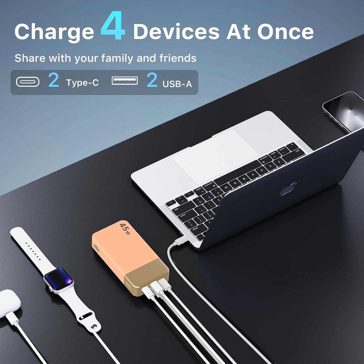 NOBIS Portable Charger, 20000mAh Power Bank, 45W Power Bank Fast Charging, Battery Pack with C to C Cable, Battery Bank with Digital Display for Phone Android Laptop etc (Orange)