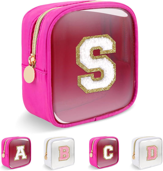 Personalized Initial Letter Clear Preppy Makeup Bag,Mini Nylon Chenille Letter Cosmetic Bag Cute Zipper Pouch Coin Purse for Teen Girls,Portable TSA Approved Travel Essentials Bag Gift for Women,S