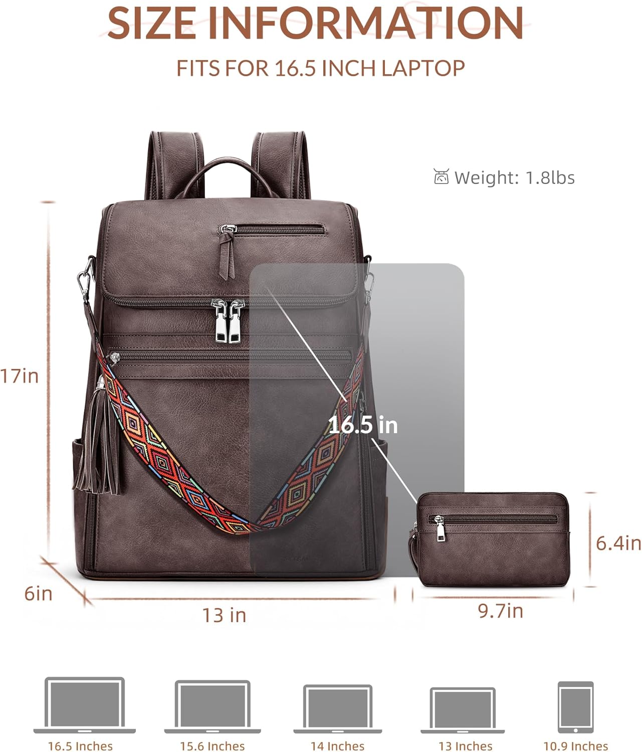 Leather Laptop Backpack for Women Designer Laptop Bag, 16.5 inch Travel Computer Backpacks Purse with Tassel for Work Business with Satchel Purse Dark Coffee