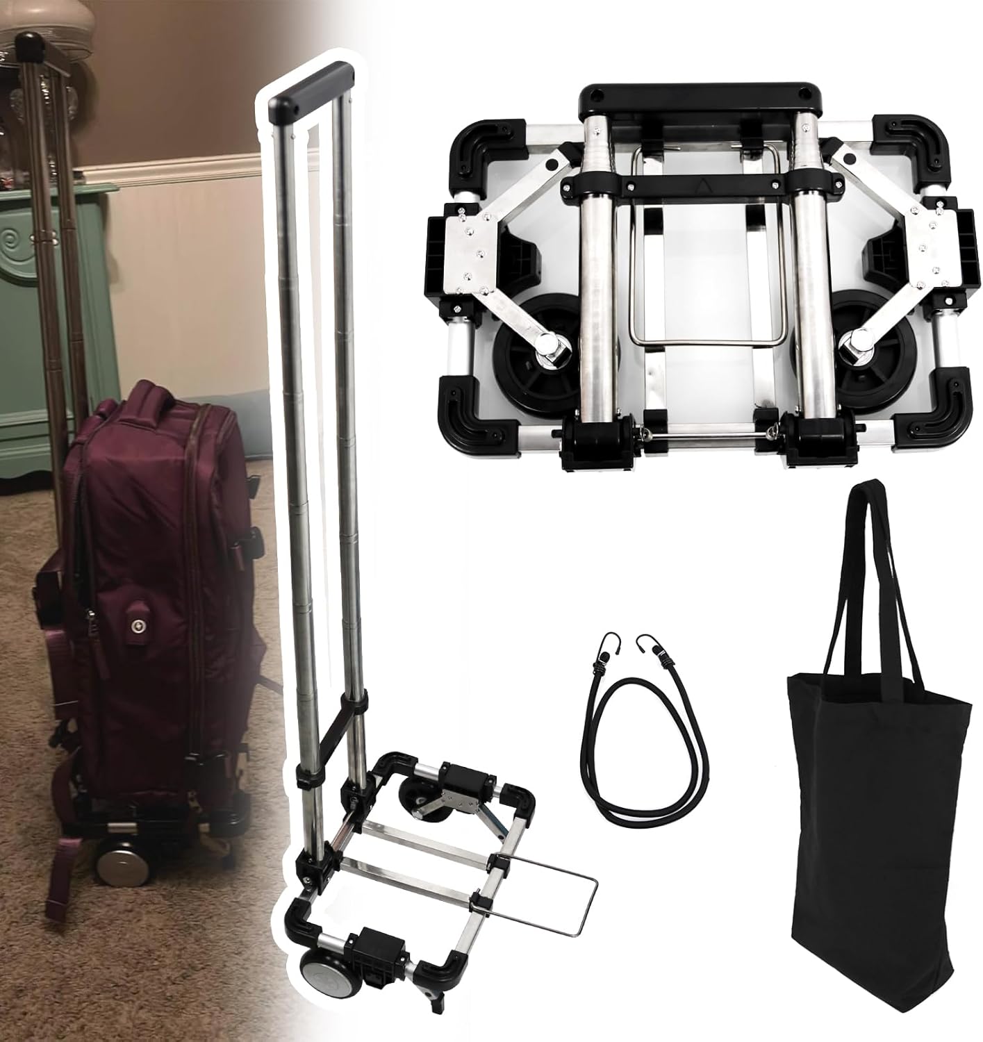 CNQLIS Folding Hand Truck,Portable Carrying Cart, Compact, Mini Lightweight for Travel/Auto/Moving/Office Use,12in.Hx9in.W Fits Most Backpacks- 55lbs Lightweight Hand Truck with Black Bag