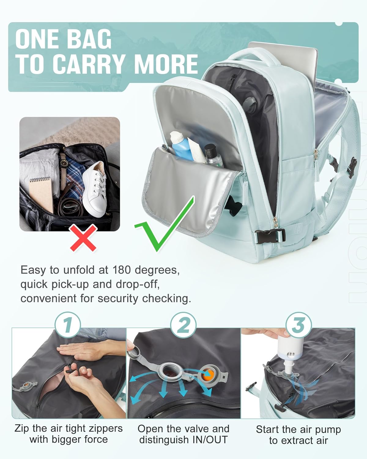 Vacuum Backpack Travel,Travel Backpack with Vacuum System,Vacuum Seal Compression Backpack with Pump for Travel,Flight Approved 18x14x8 inches Laptop Bag,Light Blue