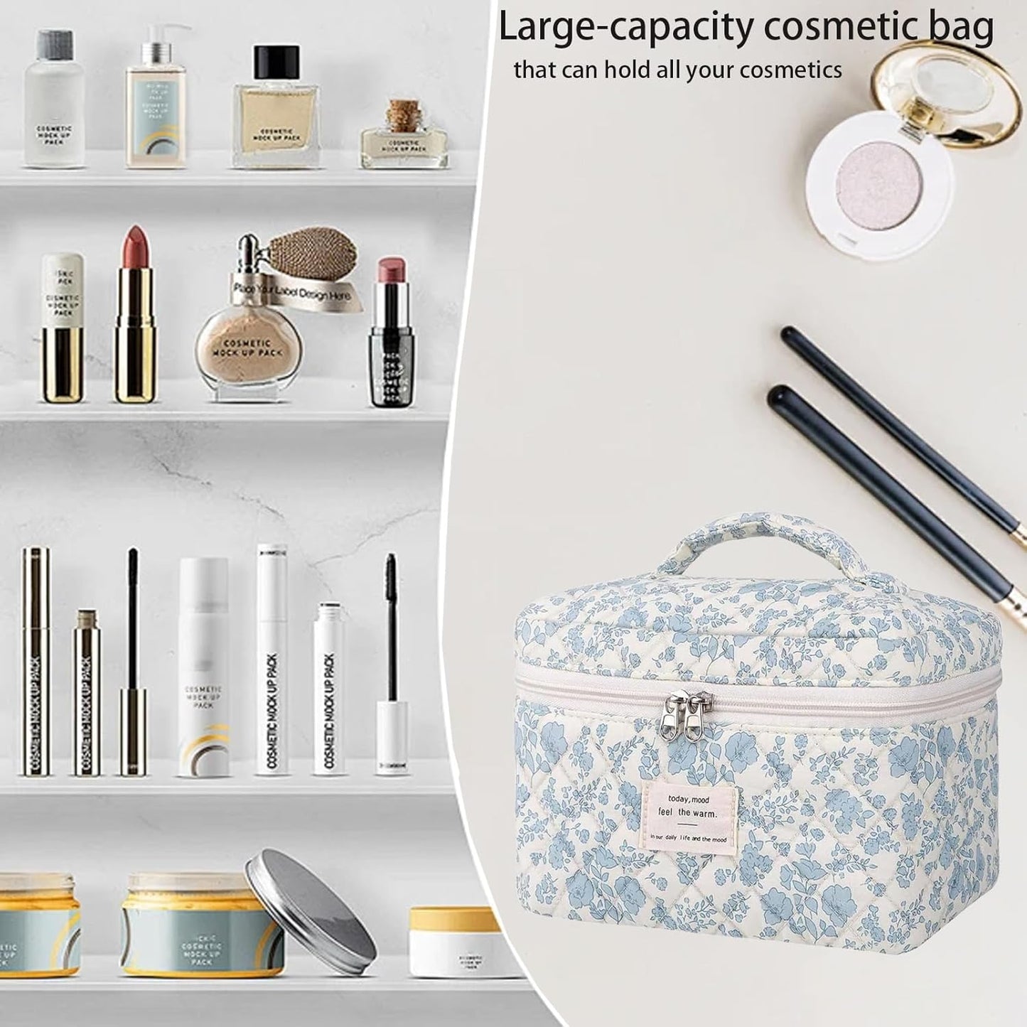 Quilted Makeup Bag, Large Makeup Bag, Cute Cosmetic Bag for Women Girls, Floral Coquette Aesthetic Travel Toiletry Make Up Organizer Bag-Light Blue