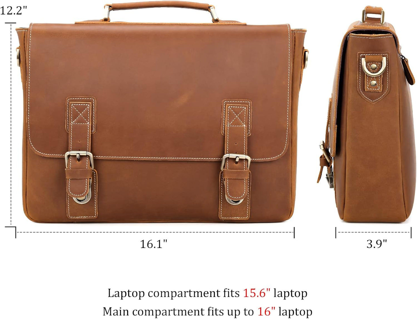 Polare Vintage Full Grain Leather Tote Briefcase Professional 16'' Laptop Shoulder Messenger Bag with YKK Metal Zippers (Light Brown)