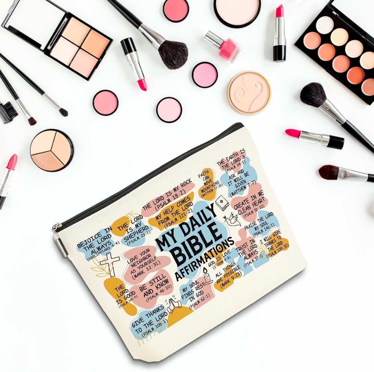2PCS Daily Affirmations for Women Scripture Bible Verse Makeup Bag, Faith Christian Gifts for Women Mental Health Gifts for Female Sister Birthday Friendship Mothers Day Travel Toiletry Cosmetic Bag