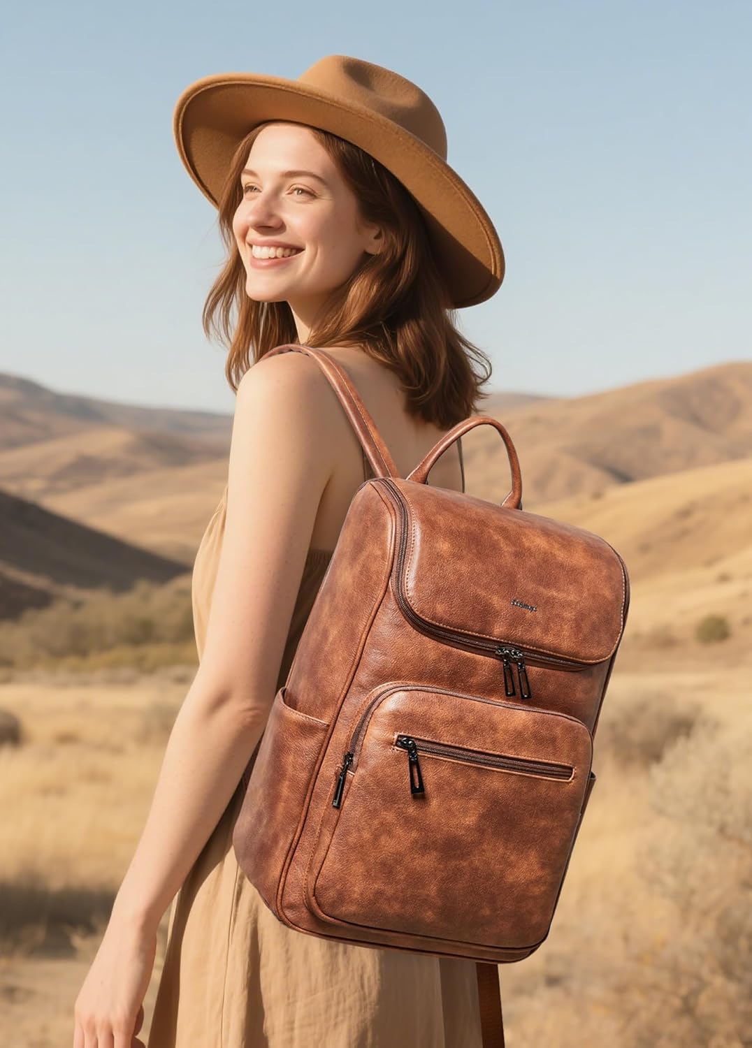 Computer Leather Backpack for Women Travel Back pack with 15.6 inch Laptop Compartment, Vintage Ladies Backpack, Brown