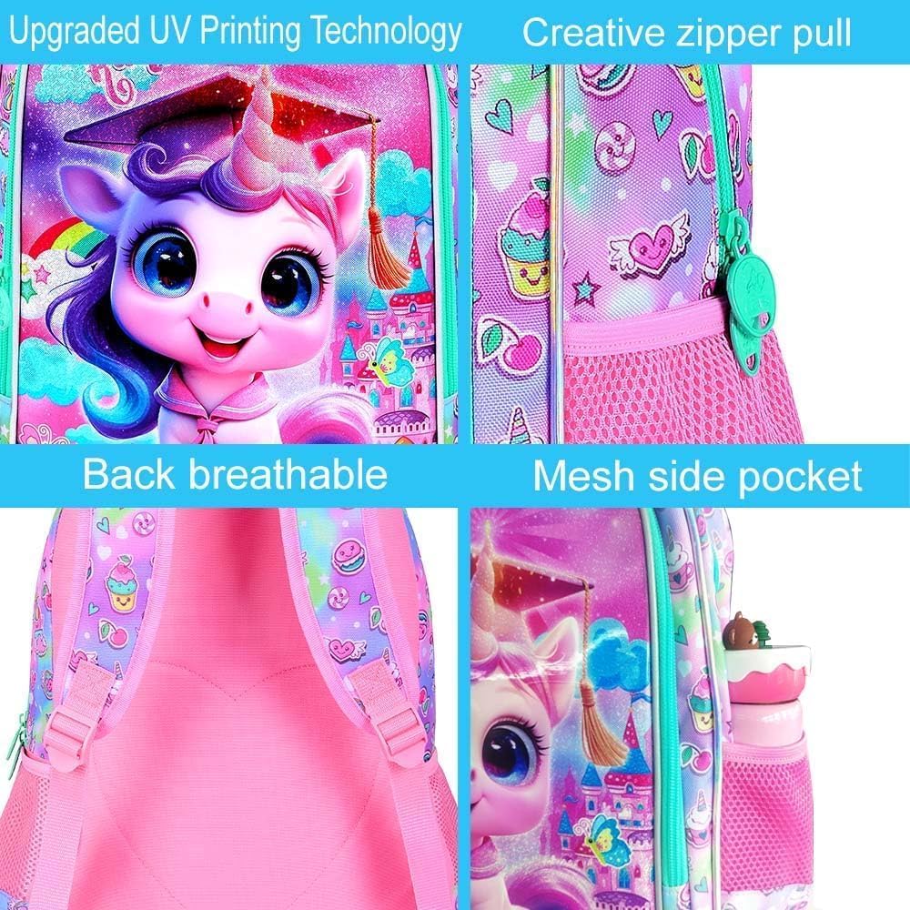 3PCS Unicorn Backpack, 16" Girls Bookbag with Lunch Box, Kids Water Resistant Elementary Prechool Toddler Shool Bag - Pink Dr. Unicorn