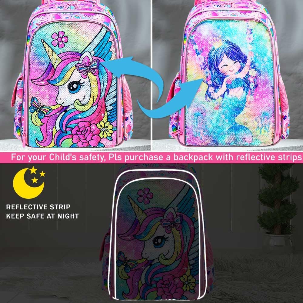 3PCS Unicorn Backpack for Girls, 16" Sequins Bookbag with Lunch Box，Kids School Bags for Elementary Preschool Kindergarten (Pink)