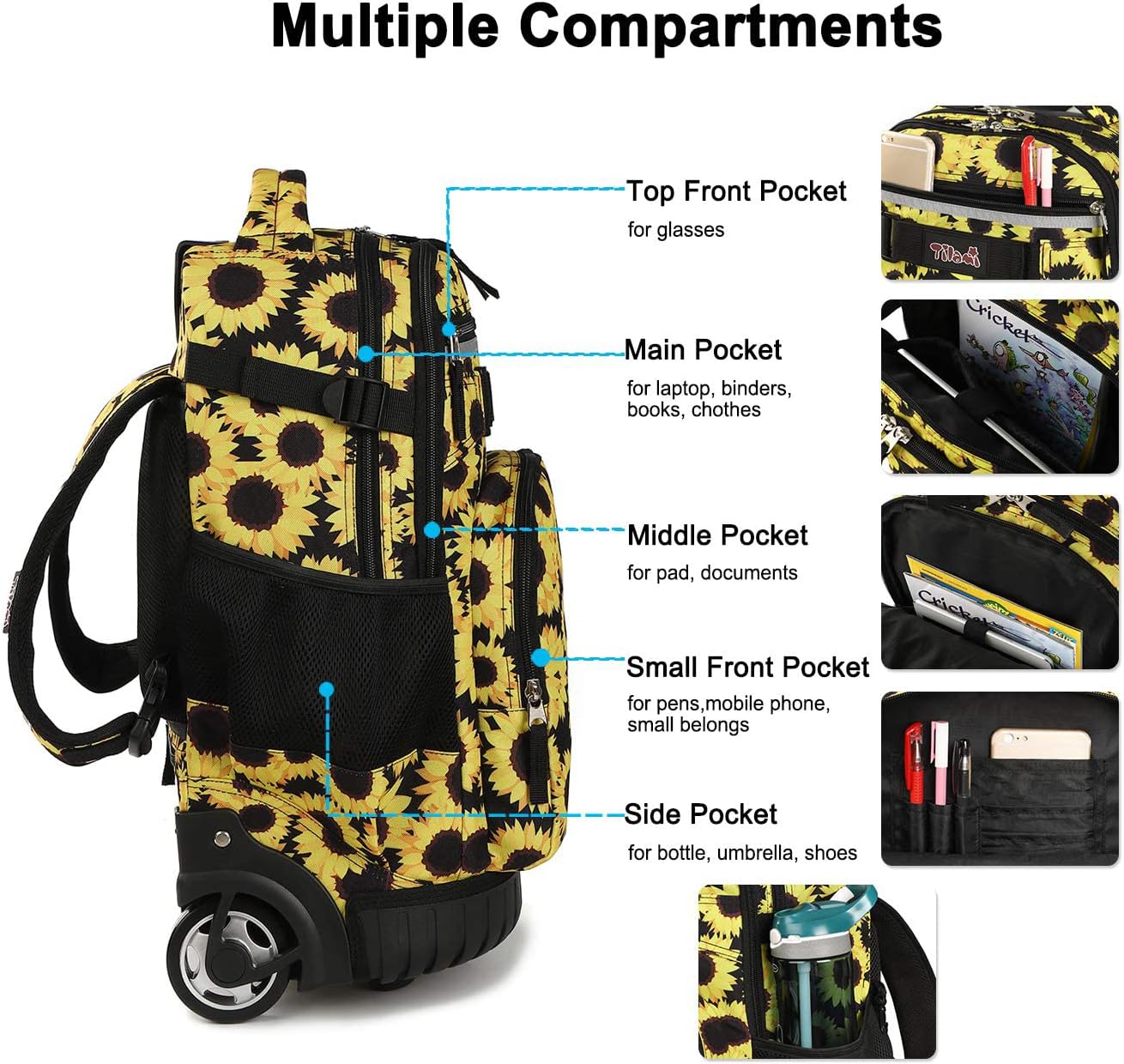 Tilami Rolling Backpack 18 inch Wheeled Laptop Backpack School College Student Travel Trip Boys and Girls (Sunflower)