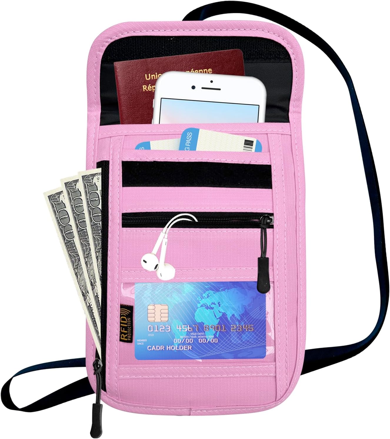 RFID Blocking Travel Neck Wallet Pouch and Passport Holder, Travel Neck Pouch Passport Holder for Women & Men - Pink