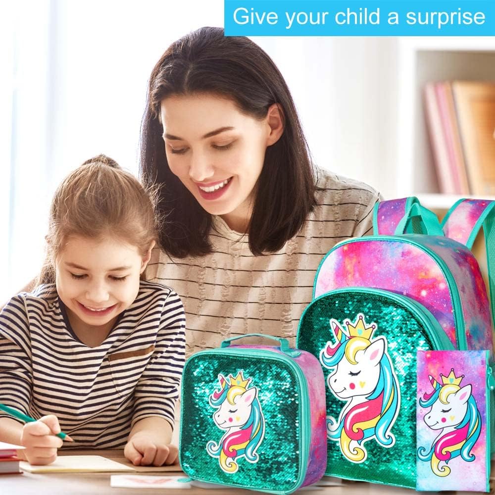 3PCS Unicorn Backpack for Girls, 16" Sequins Kids Bookbag with Lunch Box, School Bags for Elementary Preschool Kindergarten - Green