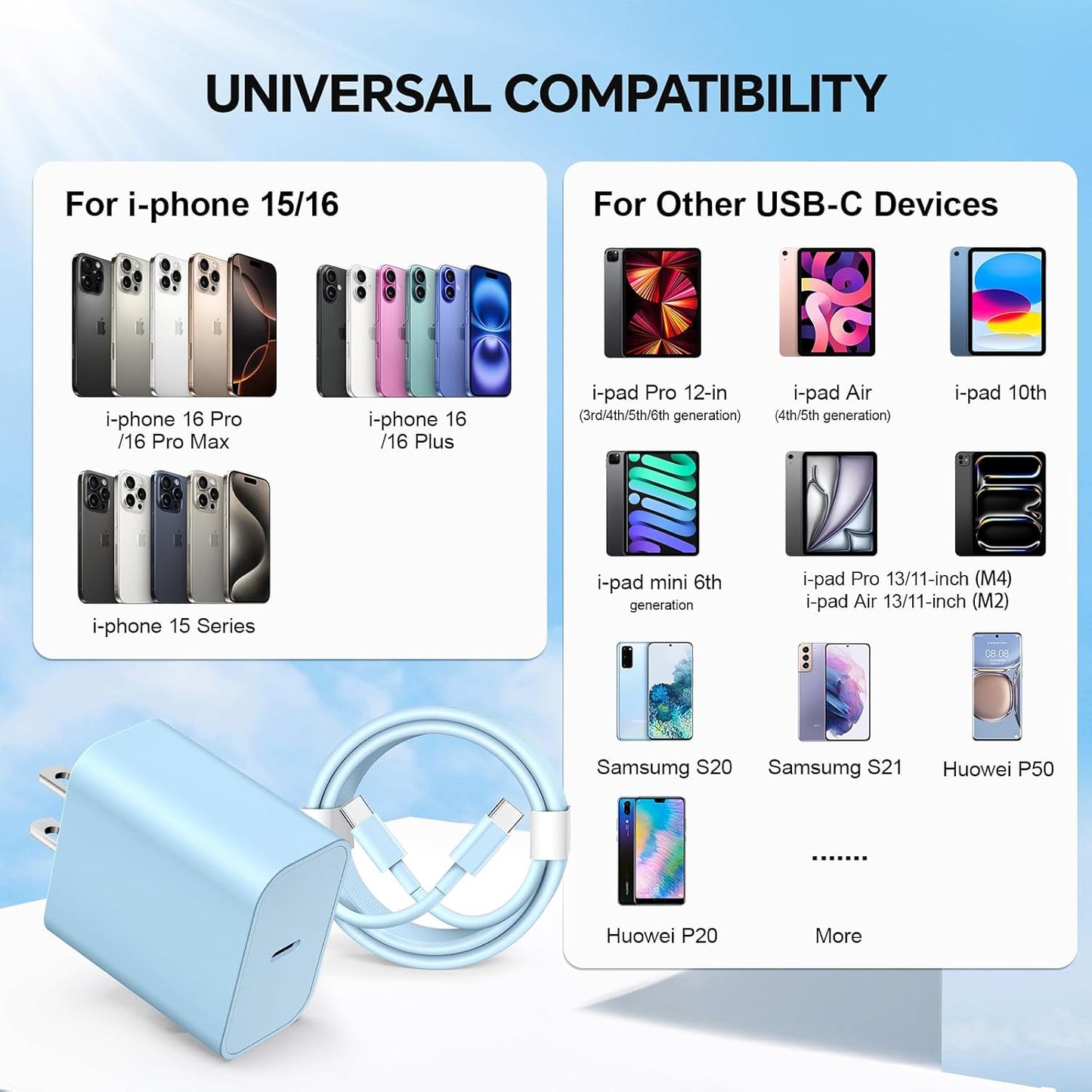 USB C Fast Charger, 2Pack 20W Type C Wall Charger Block and 60W 10FT i Phone Fast Charging Cord, Compatible with i Phone 15/16/17 Pro/Plus/Pro Max/ - Purple Blue