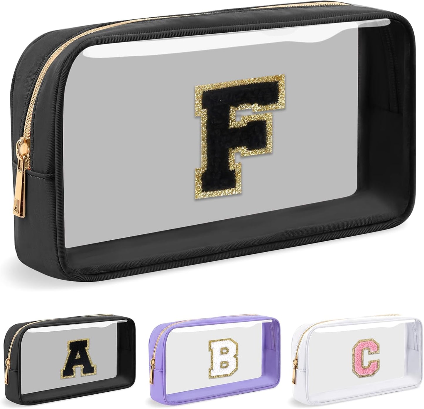 Personalized Initial Letter Clear Makeup Bag,Preppy Small Nylon&PVC Cosmetic Zipper Bag with Chenille Letter,Travel Skincare Toiletry Bag,Monogram Christmas Gift for Teen Girls Women,F