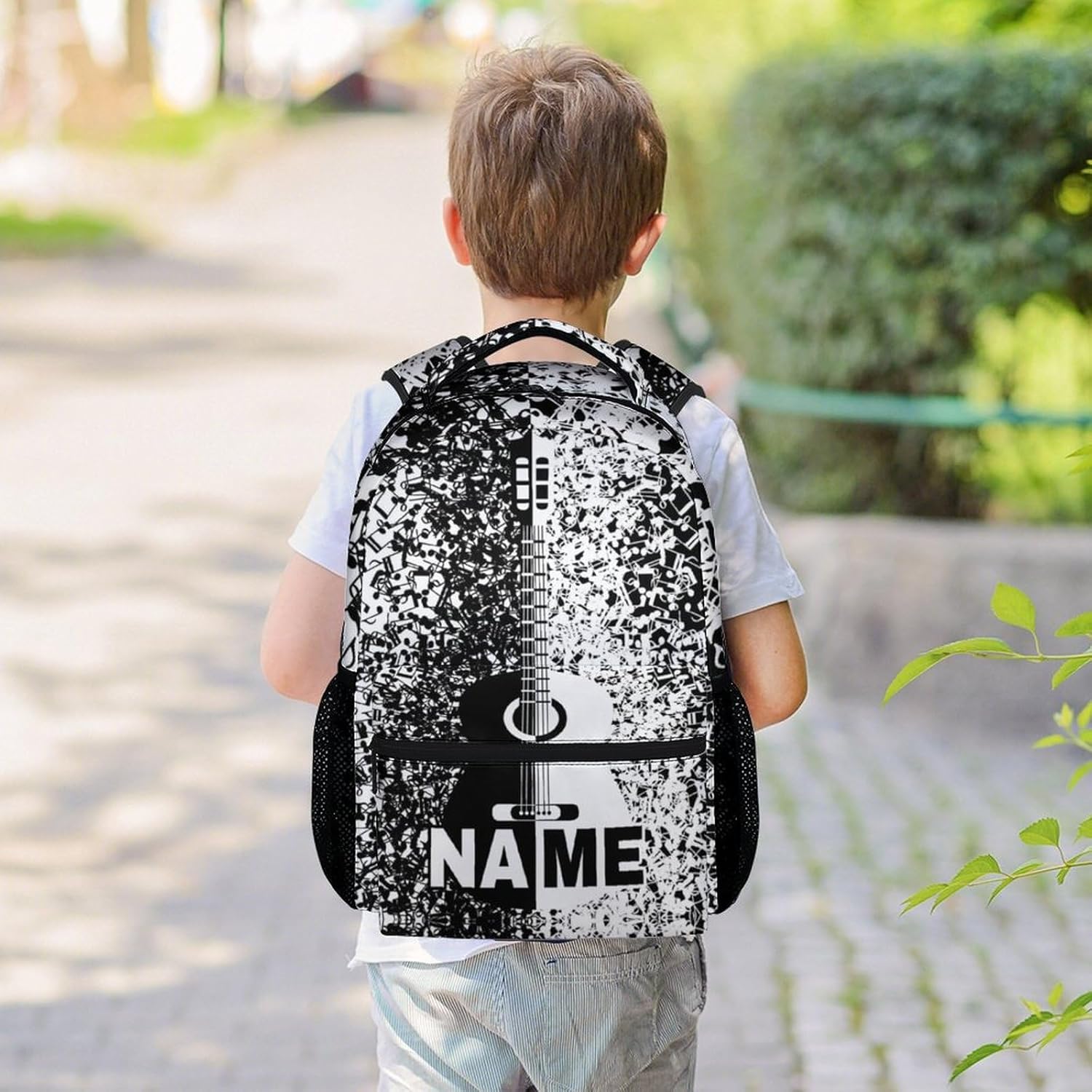 Mercuryelf Personalized Guitar Backpack for Girls & Boys, 16 Inch Black White Backpacks for School