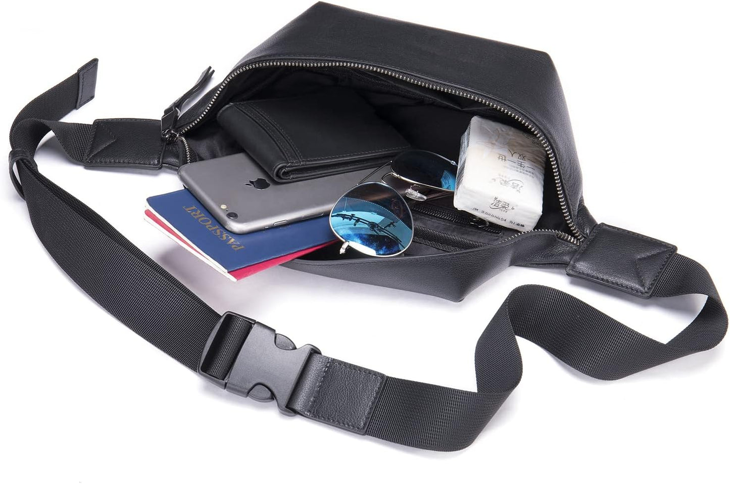 Hebetag Leather Waist Pack Fanny Bag for Men Women Outdoor Travel Sports Hiking Walking Running Hip Bum Belt Cell Phone Purse Wallet Camping Casual Day Pouch (Black)