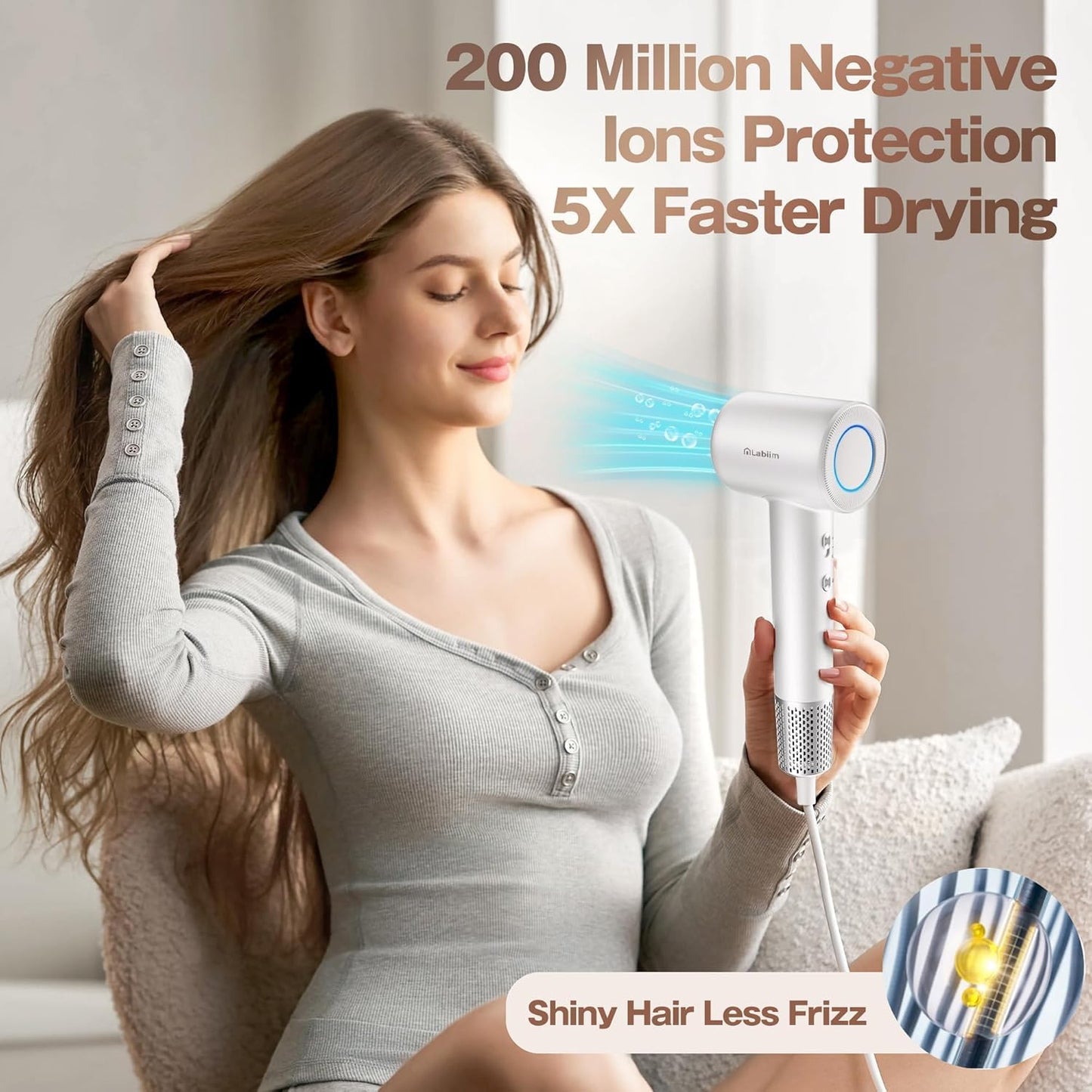 Hair Dryer, High-Speed Ionic Low Noise Blow Dryer with Brushless Motor for Fast Drying, Thermo-Control Quiet Compact Hair Blow Dryer, Hairdryer with 1 Nozzle Attachments for Home Salon Travel