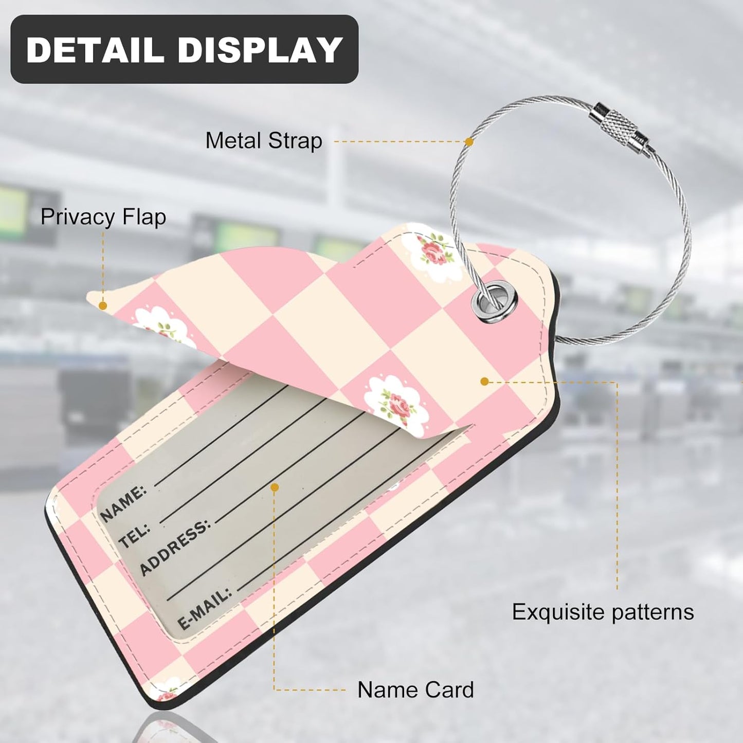 2Pack Luggage Tags for Suitcases, Cute Unique Pu Leather Cruise Luggage Tag with Privacy Cover ID Label Address Card and Metal Ring Suitable for Women Men Kids Travel Bag Pink Plaid