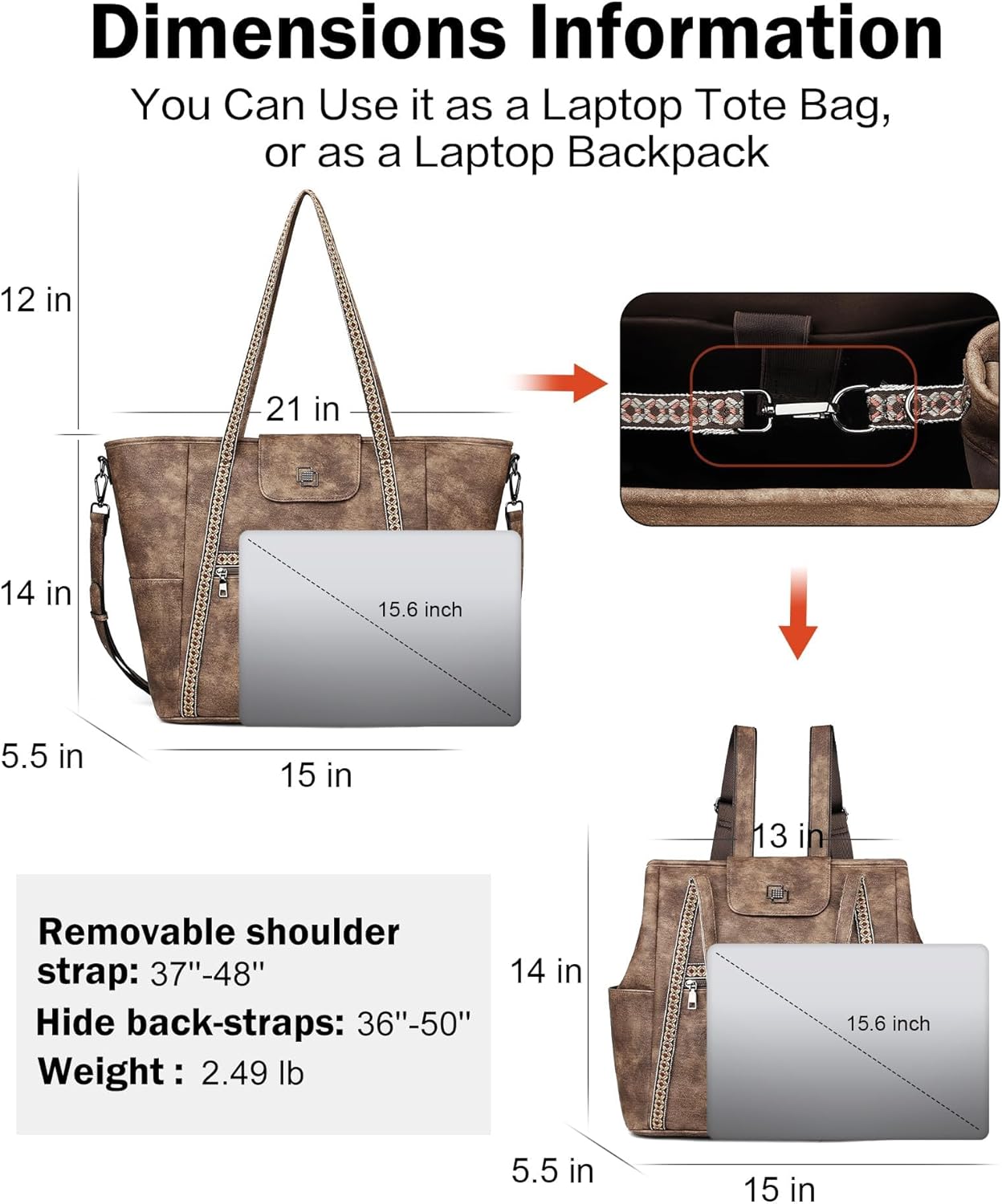 FADEON Large Laptop Tote Bag for Women Designer Leather Laptop Bag Fashion Travel Backpack Purse