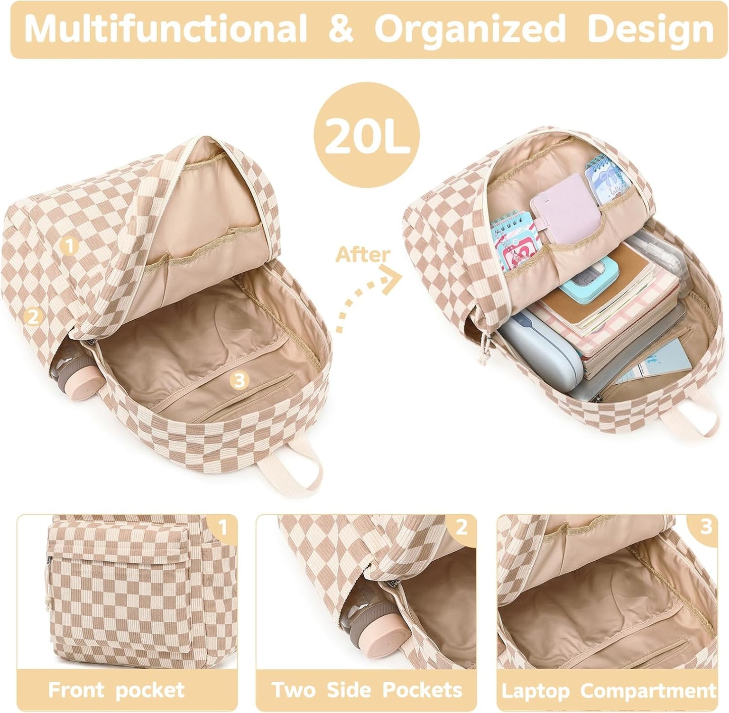 School Backpack for Teen Girls Bookbags Elementary High School Corduroy Laptop Bags Women Travel Daypacks