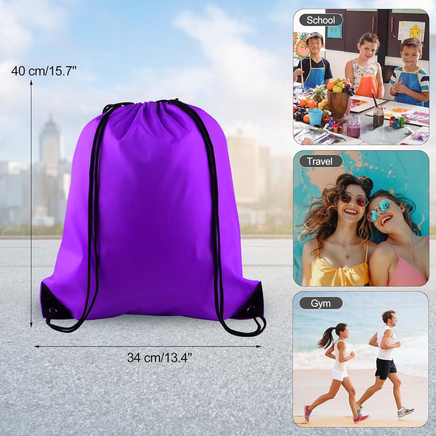 PLULON 2Pcs Drawstring Bags Bulk Drawstring Backpack Black Purple String Backpack Cinch Sack Sport